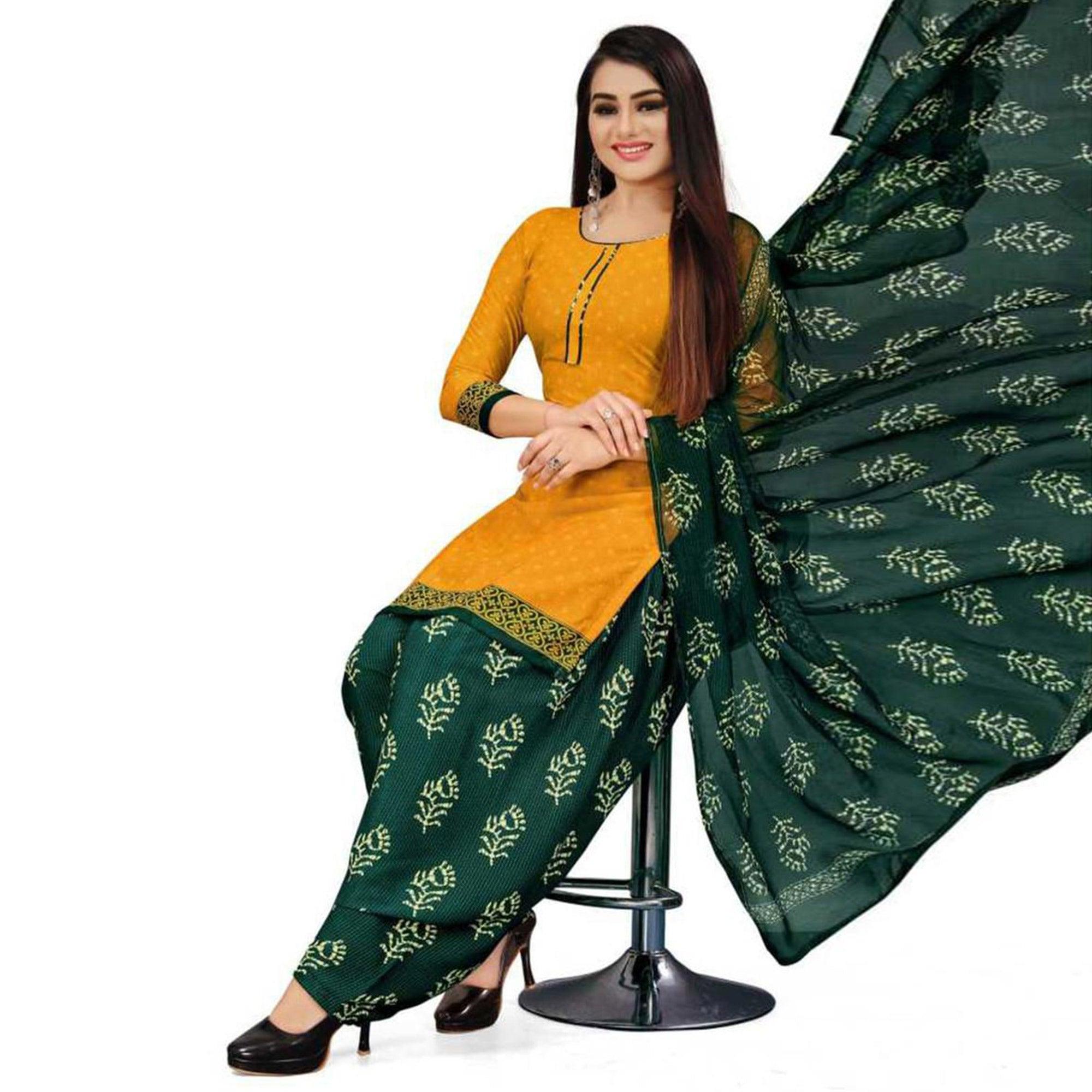 Yellow Casual Wear Printed Crepe Patiala Dress Material - Peachmode