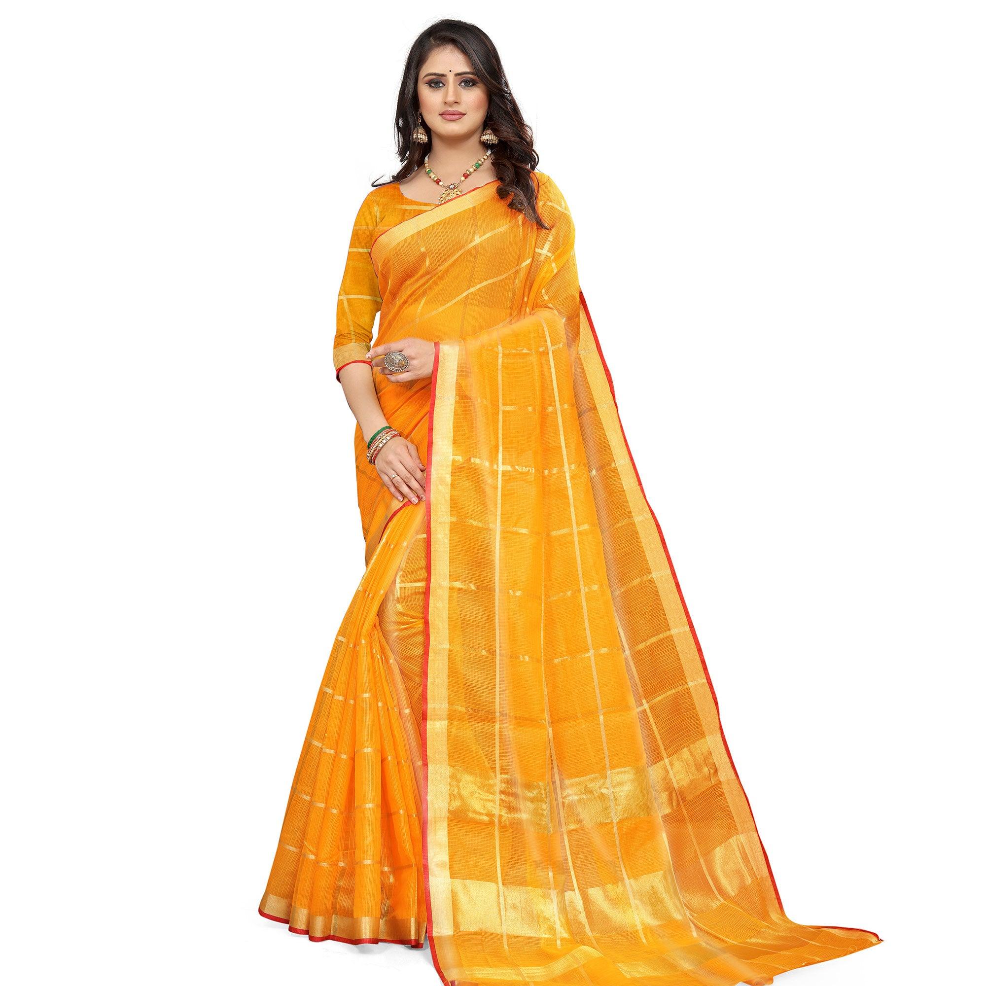 Yellow Casual Wear Printed Doriya Cotton Saree - Peachmode