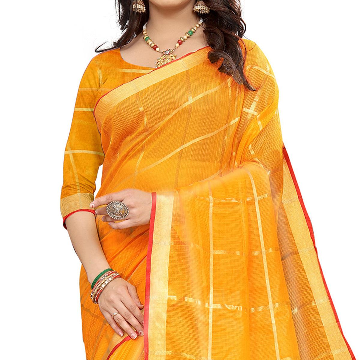 Yellow Casual Wear Printed Doriya Cotton Saree - Peachmode