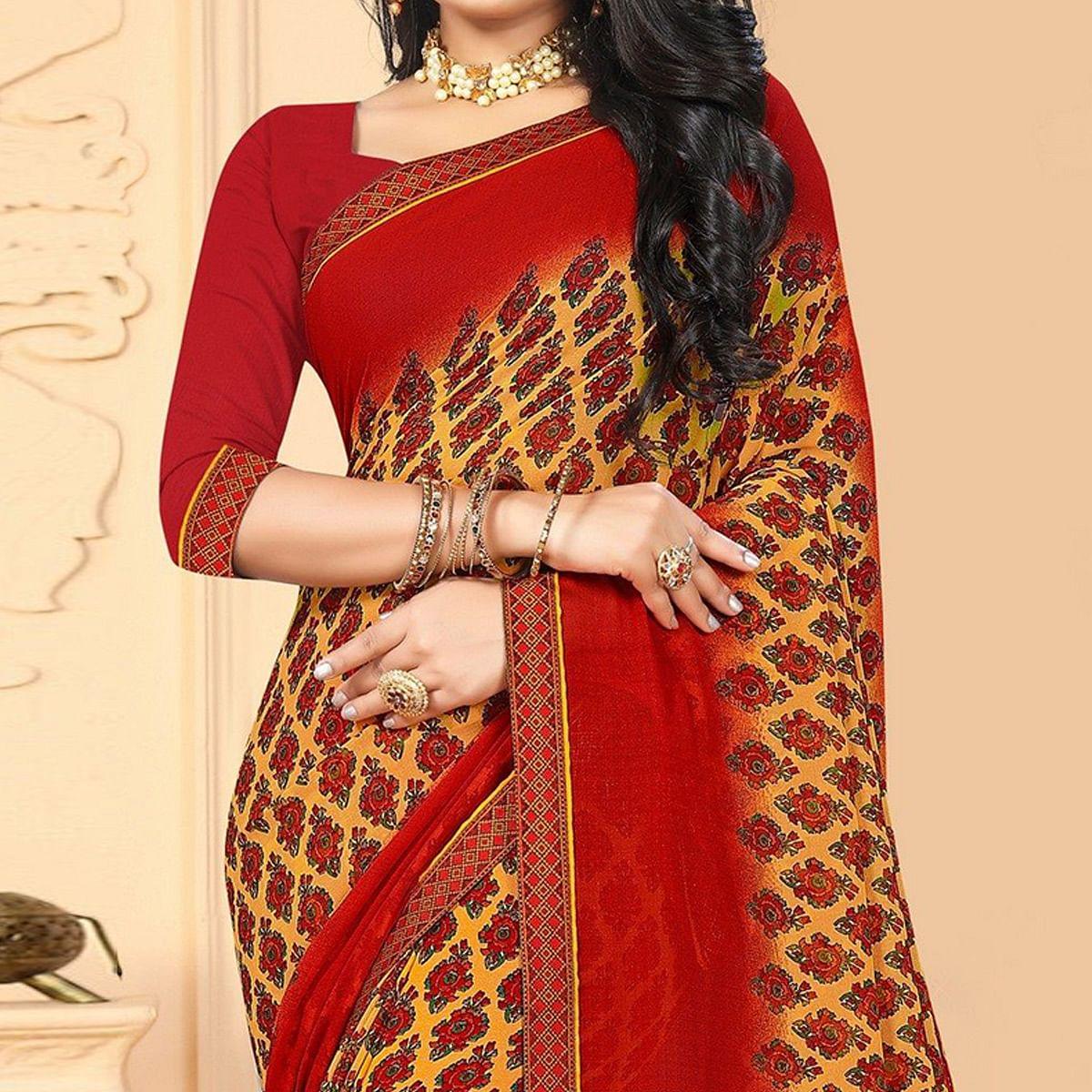 Yellow Casual Wear Printed Georgette Designer Saree - Peachmode