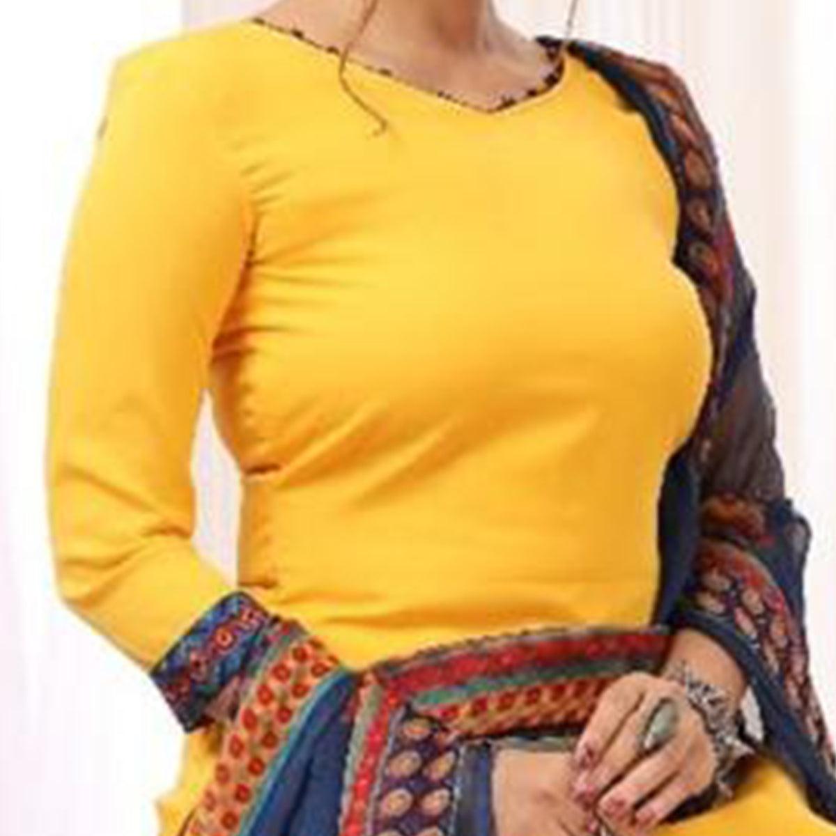 Yellow Casual Wear Printed Leon Patiala Dress Material - Peachmode