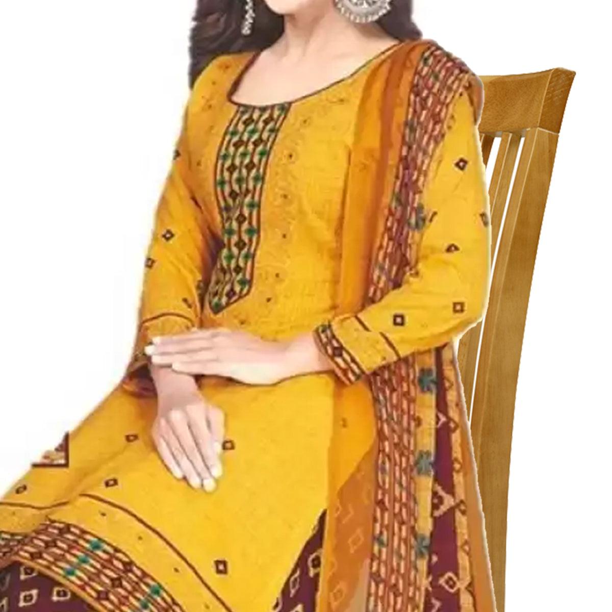 Yellow Casual Wear Printed Leon Patiala Dress Material - Peachmode