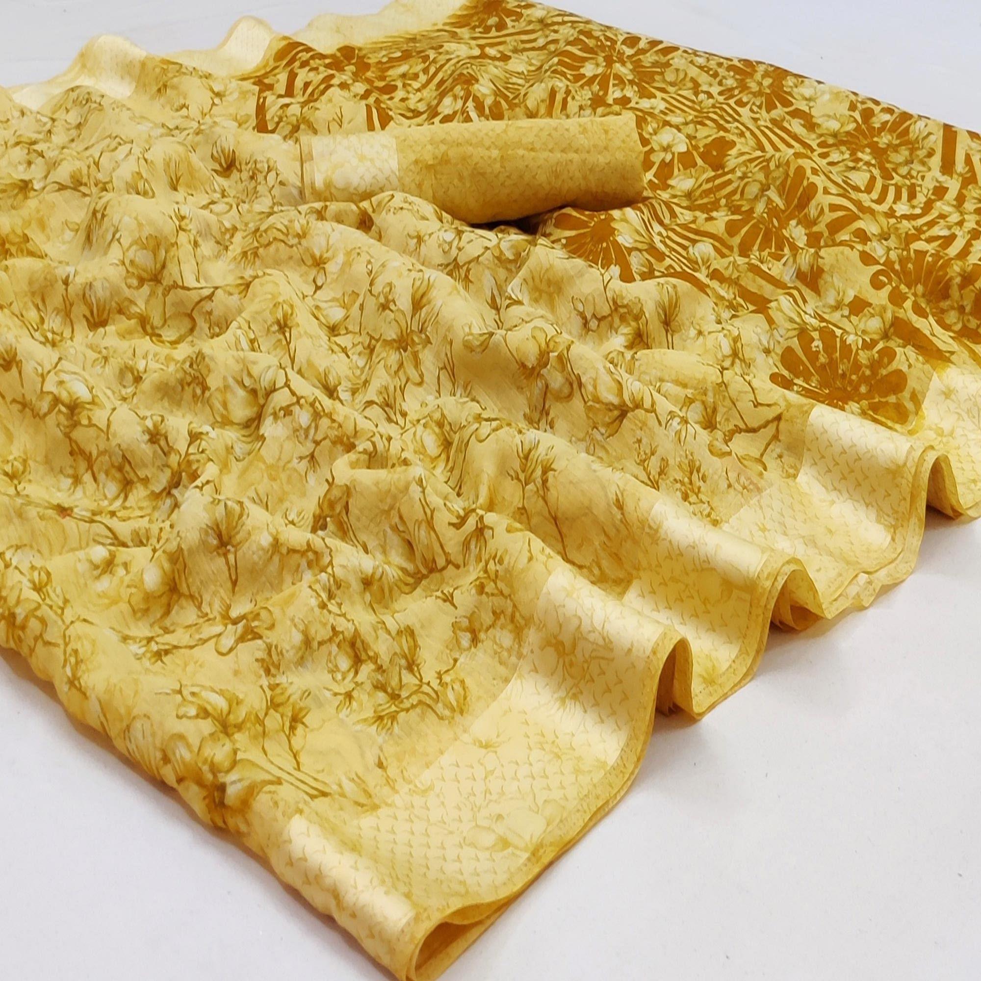 Yellow Casual Wear Printed Linen Cotton Saree - Peachmode