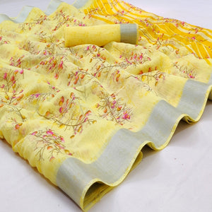 Yellow Casual Wear Printed Linen Cotton Saree - Peachmode