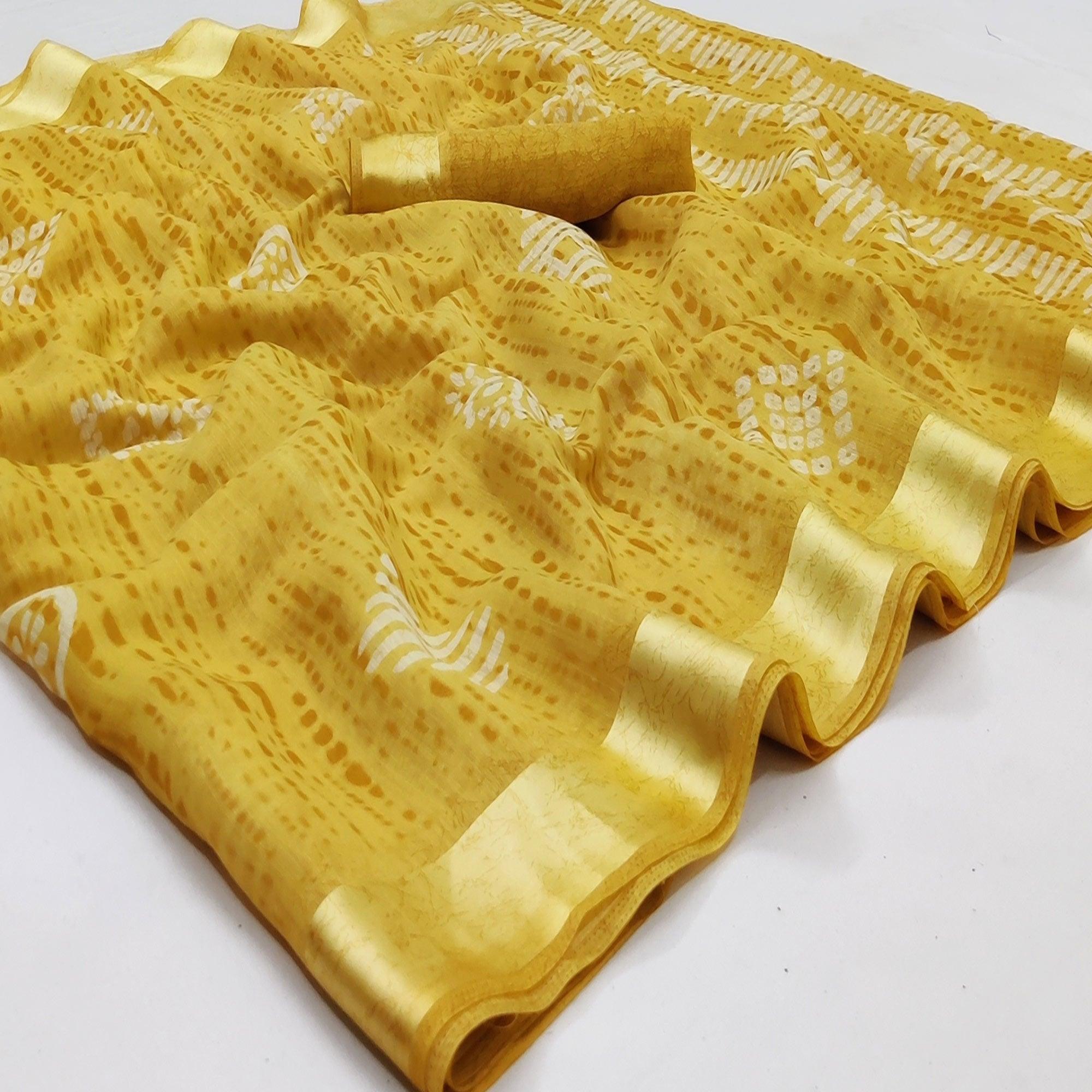 Yellow Casual Wear Printed Linen Cotton Saree - Peachmode