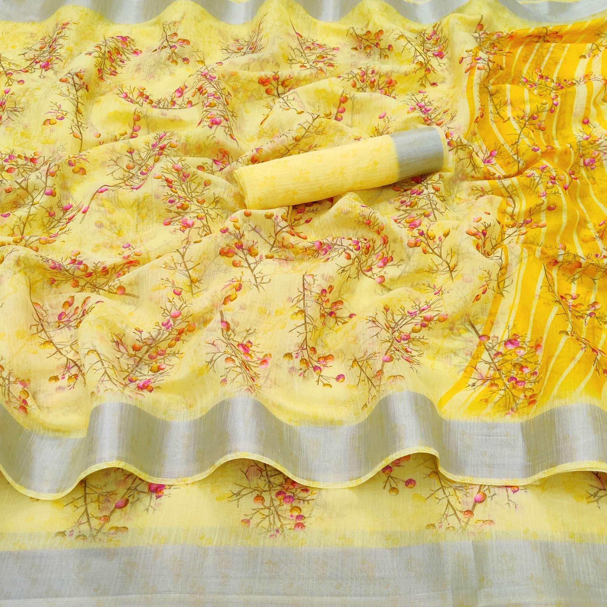 Yellow Casual Wear Printed Linen Cotton Saree - Peachmode