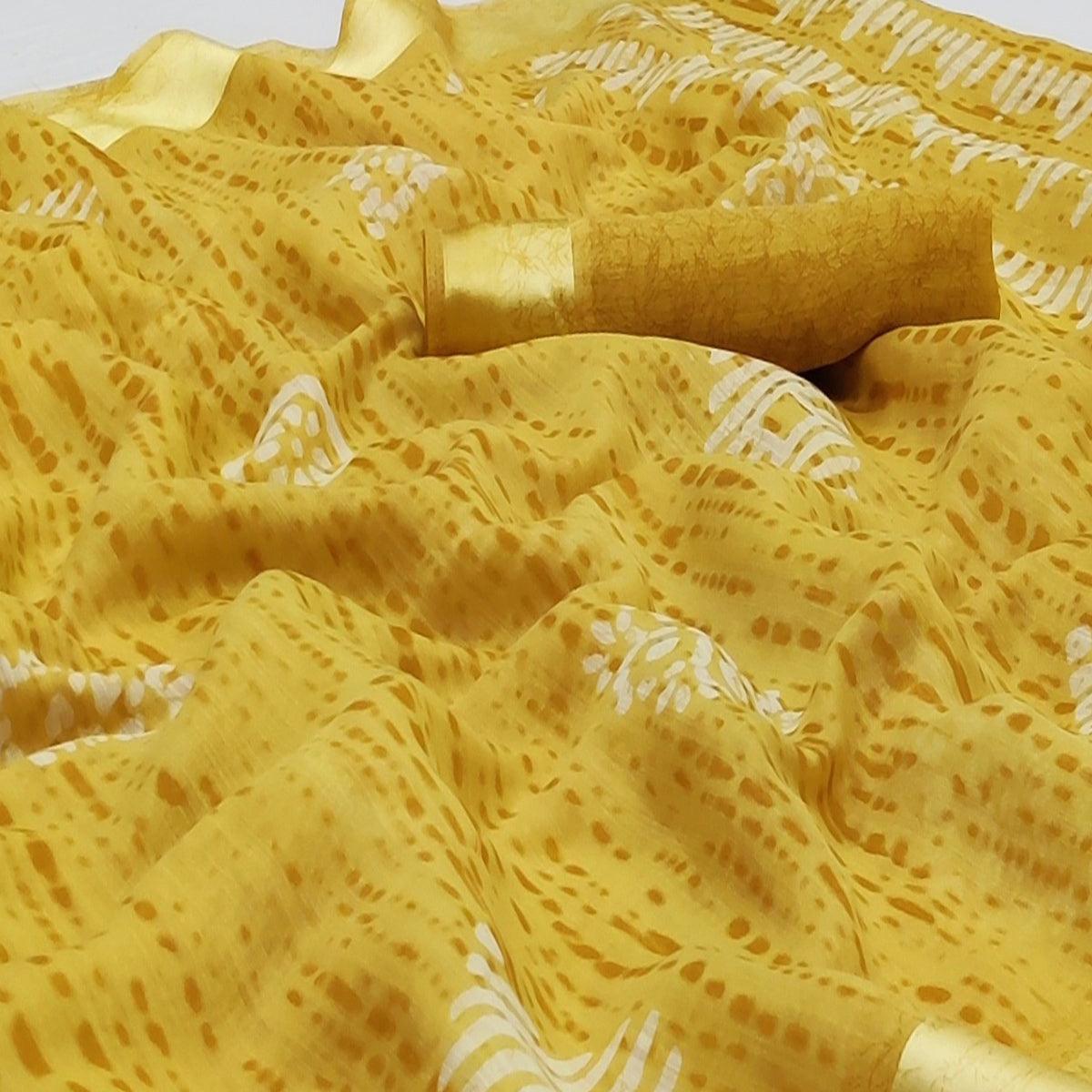 Yellow Casual Wear Printed Linen Cotton Saree - Peachmode