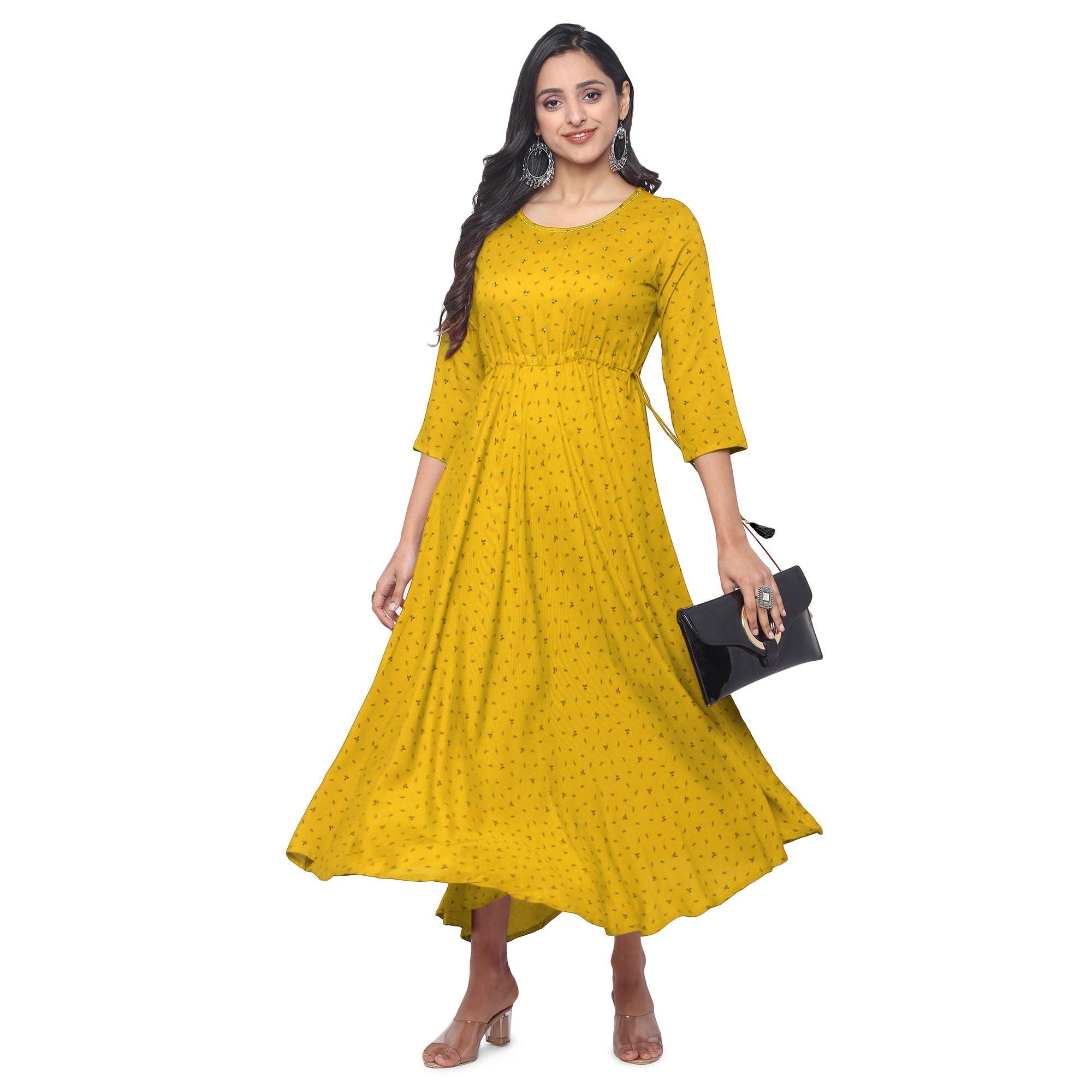 Yellow Casual Wear Printed Rayon Long Kurti - Peachmode