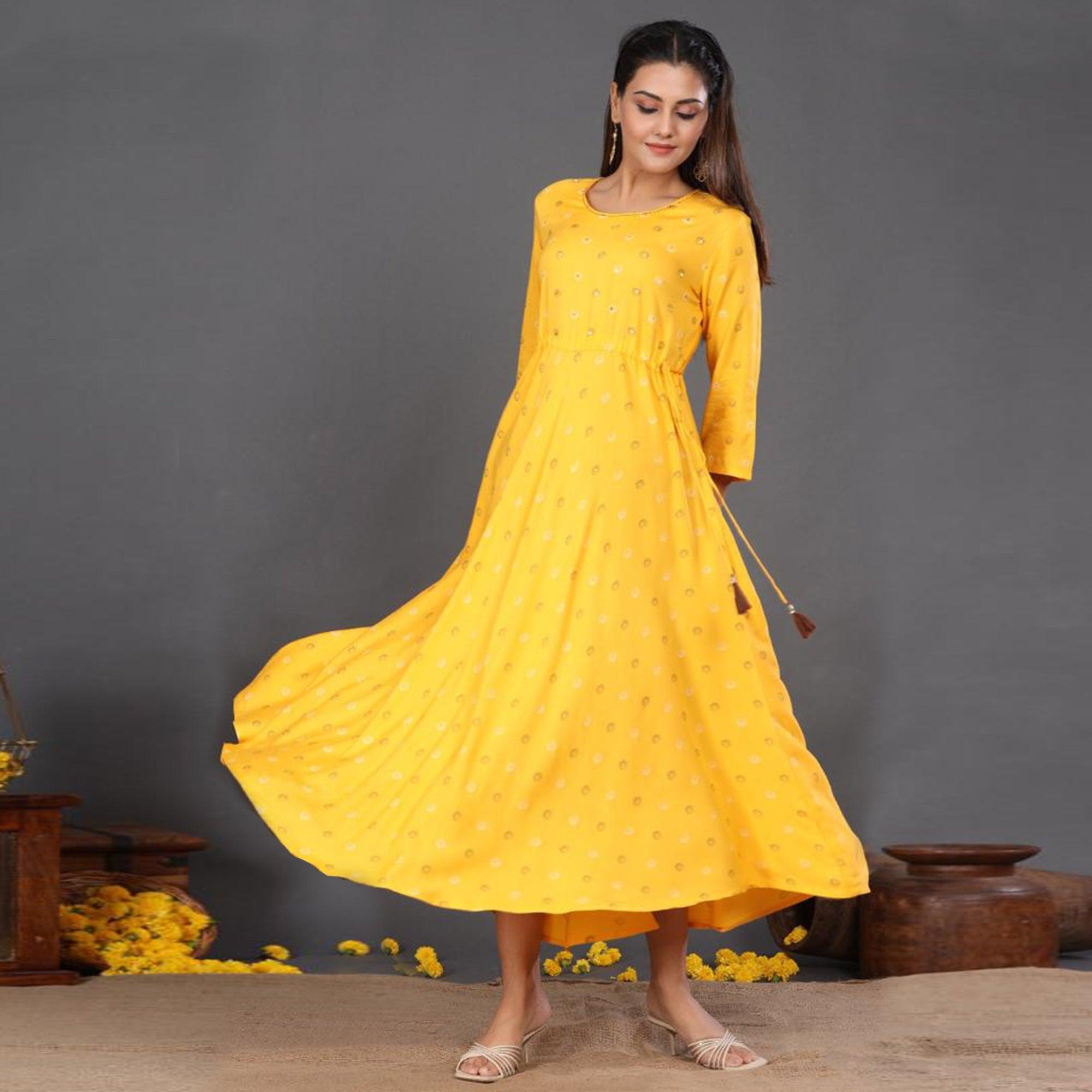 Yellow Casual Wear Printed Rayon Long Kurti - Peachmode