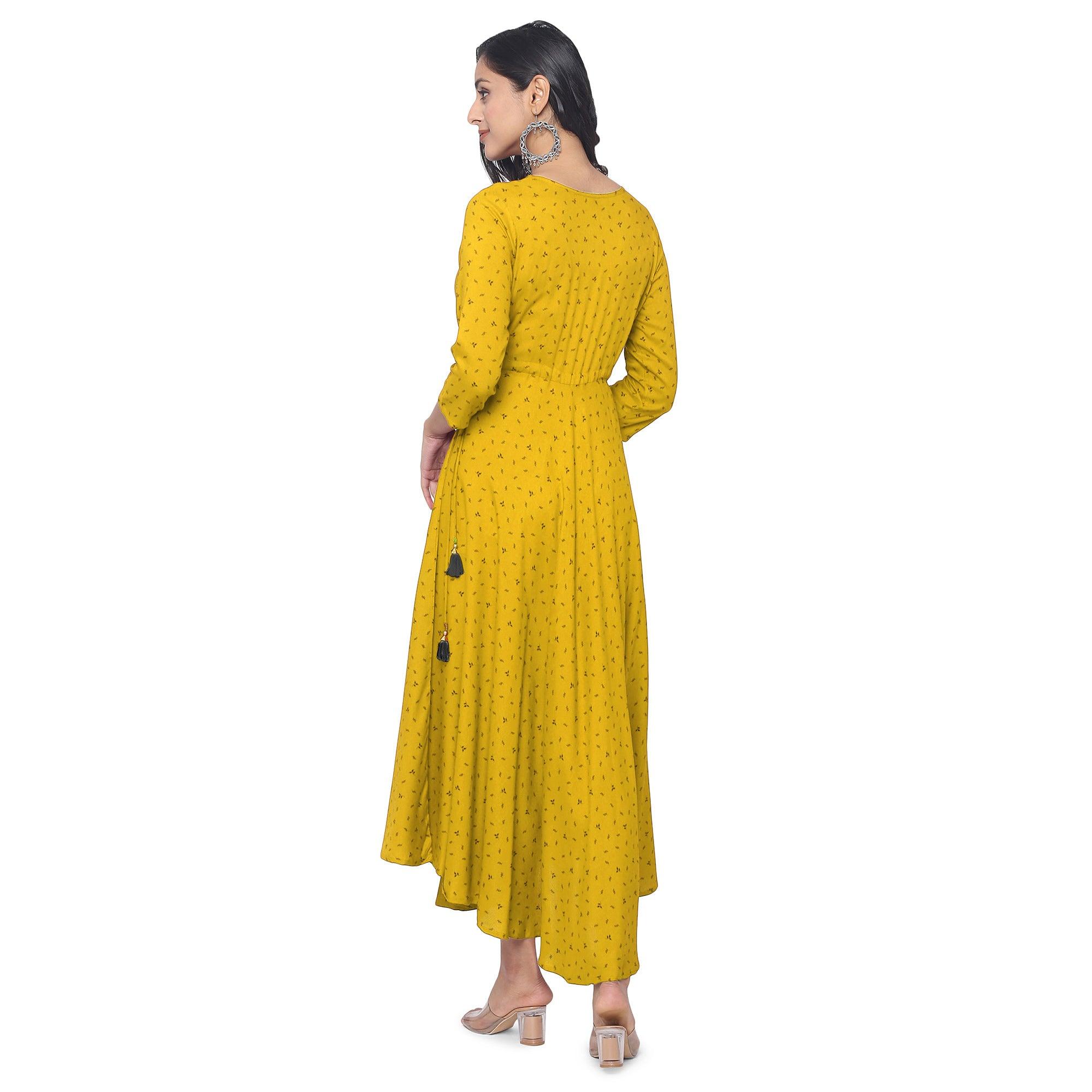 Yellow Casual Wear Printed Rayon Long Kurti - Peachmode