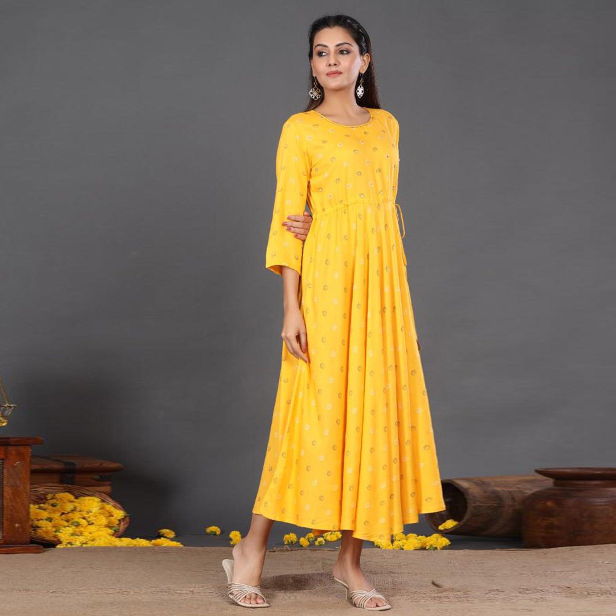 Yellow Casual Wear Printed Rayon Long Kurti - Peachmode