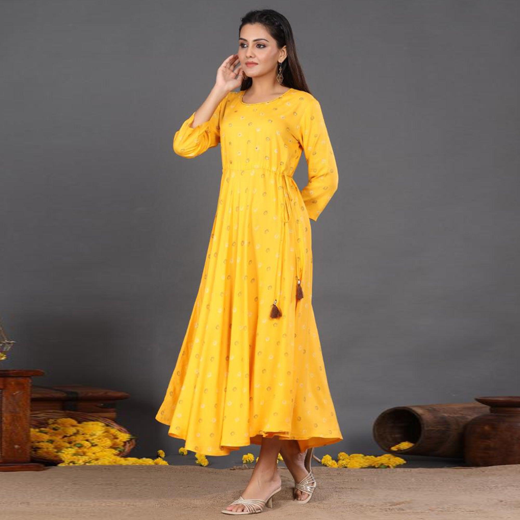 Yellow Casual Wear Printed Rayon Long Kurti - Peachmode