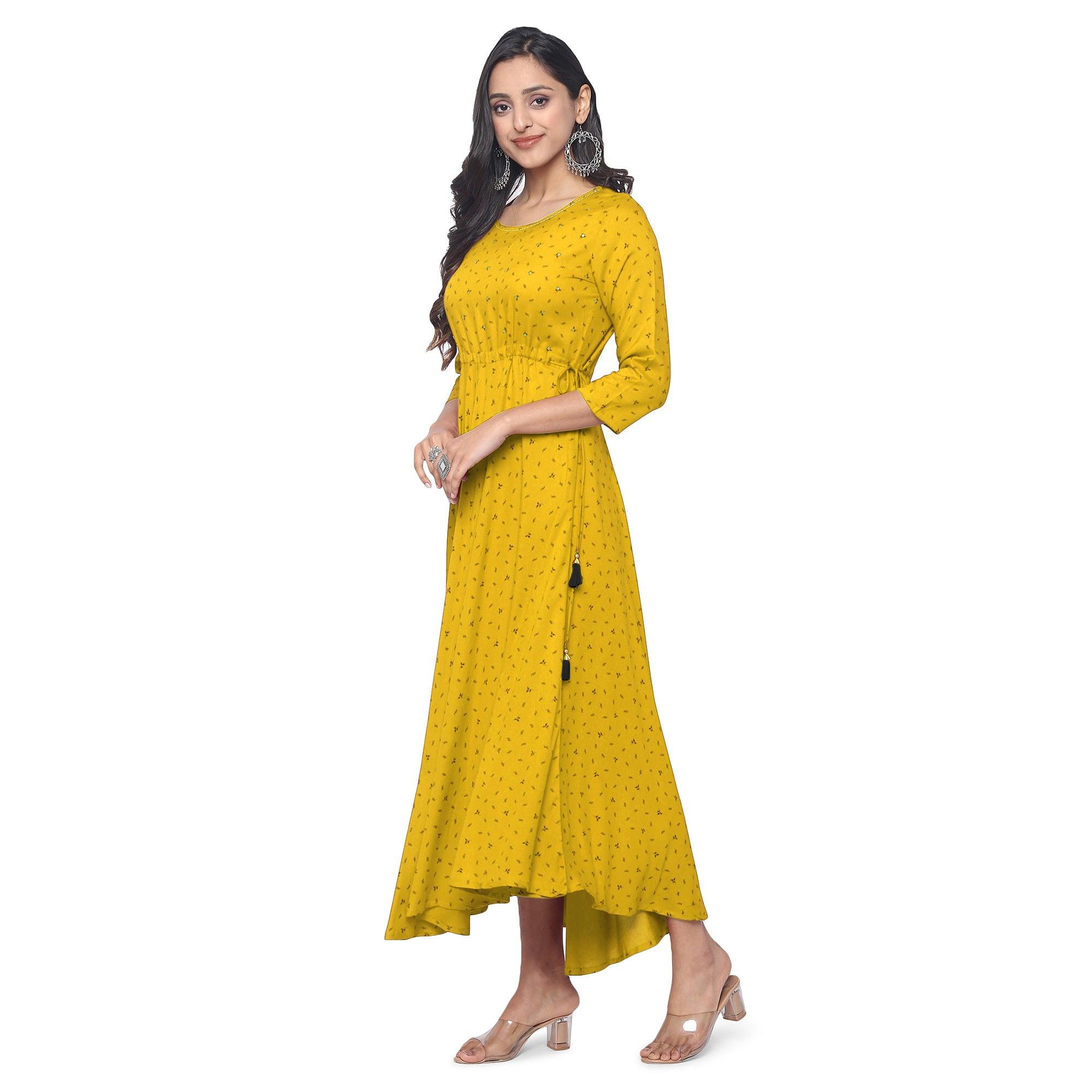Yellow Casual Wear Printed Rayon Long Kurti - Peachmode