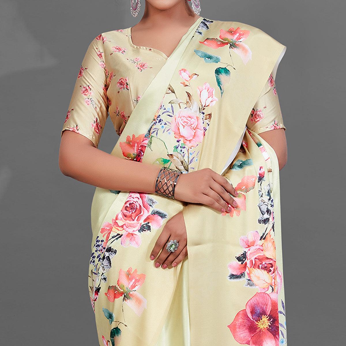 Yellow Casual Wear Printed Satin Silk Saree - Peachmode