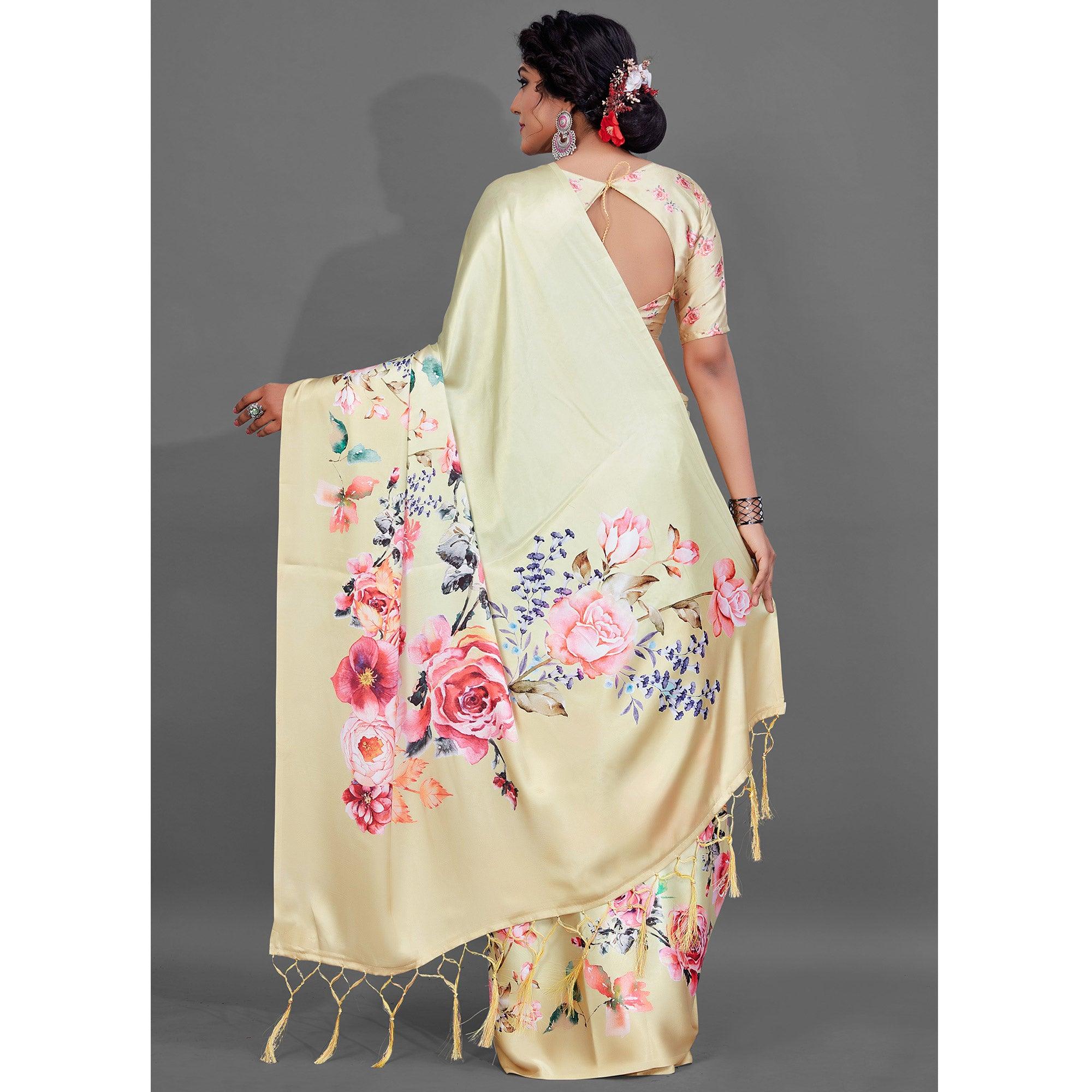 Yellow Casual Wear Printed Satin Silk Saree - Peachmode