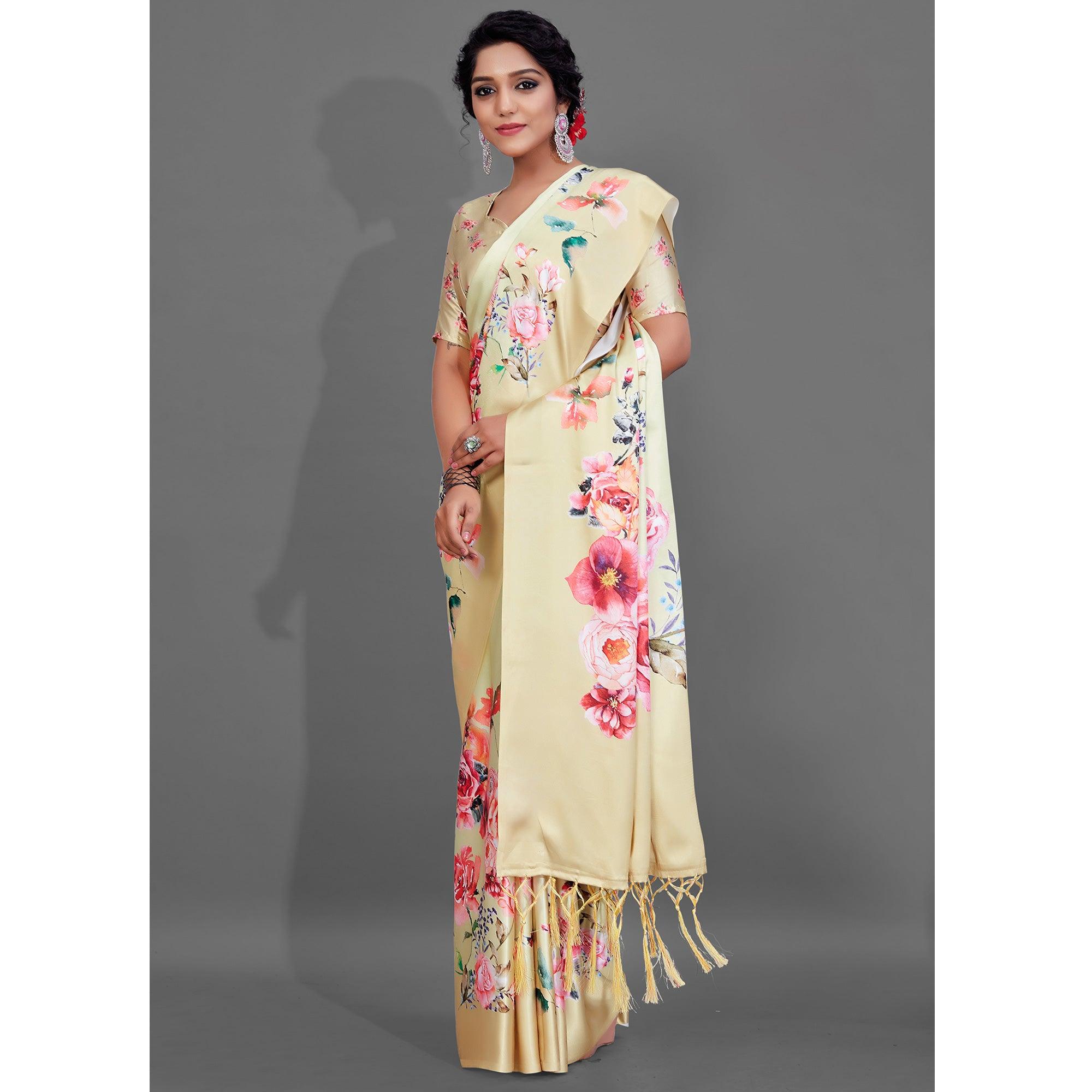 Yellow Casual Wear Printed Satin Silk Saree - Peachmode
