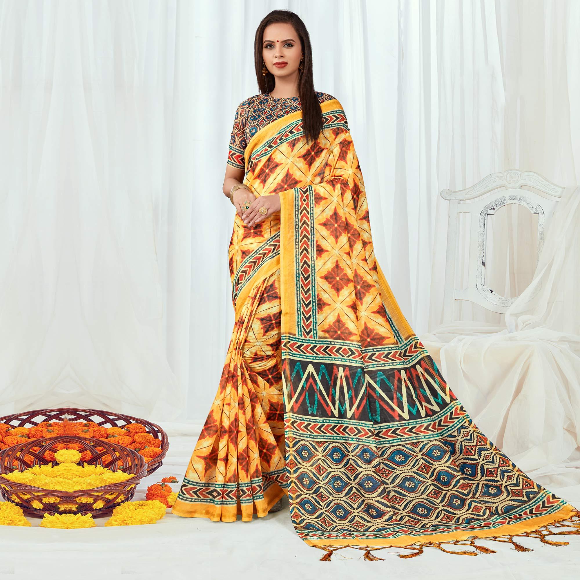 Yellow Casual Wear Printed Silk Saree - Peachmode