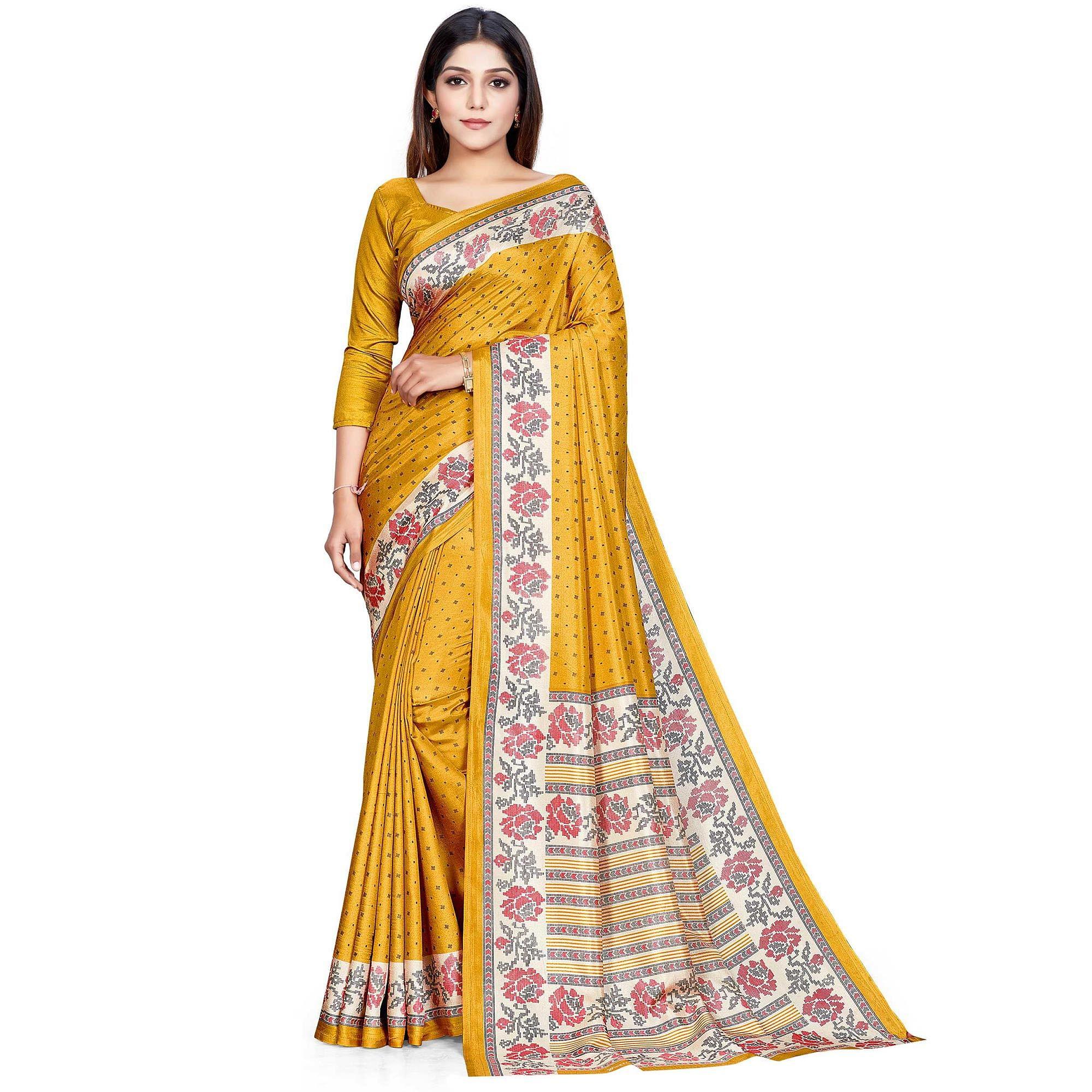 Yellow Casual Wear Printed Silk Saree - Peachmode
