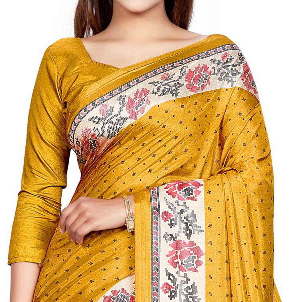 Yellow Casual Wear Printed Silk Saree - Peachmode