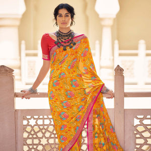 Yellow  Casual Wear Printed Weightless Georgette Saree - Peachmode