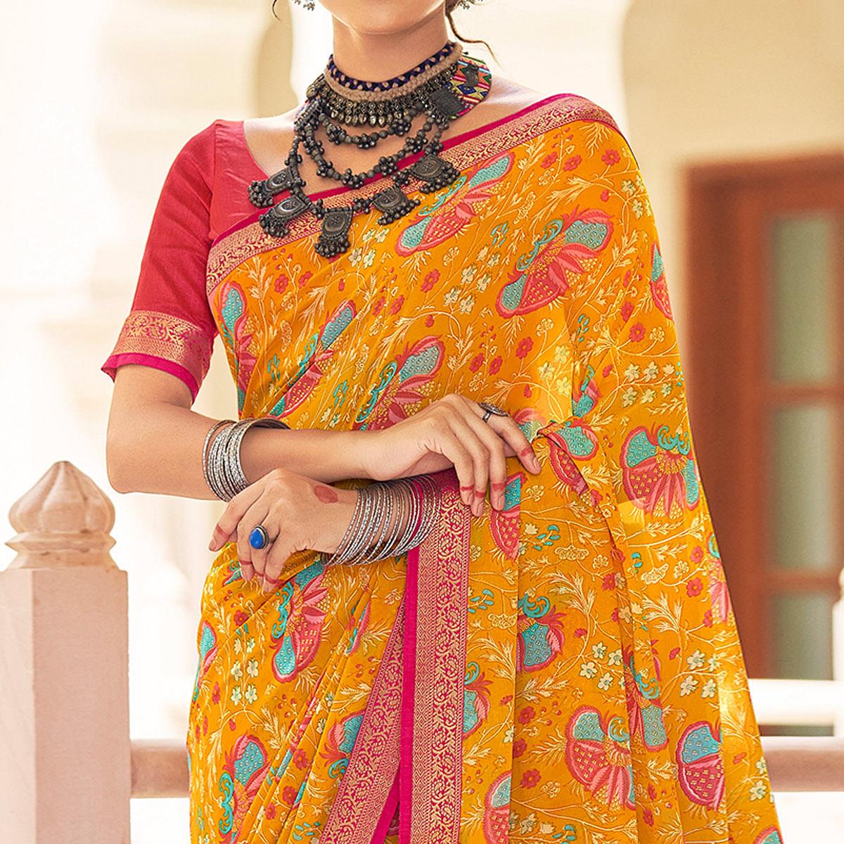 Yellow  Casual Wear Printed Weightless Georgette Saree - Peachmode