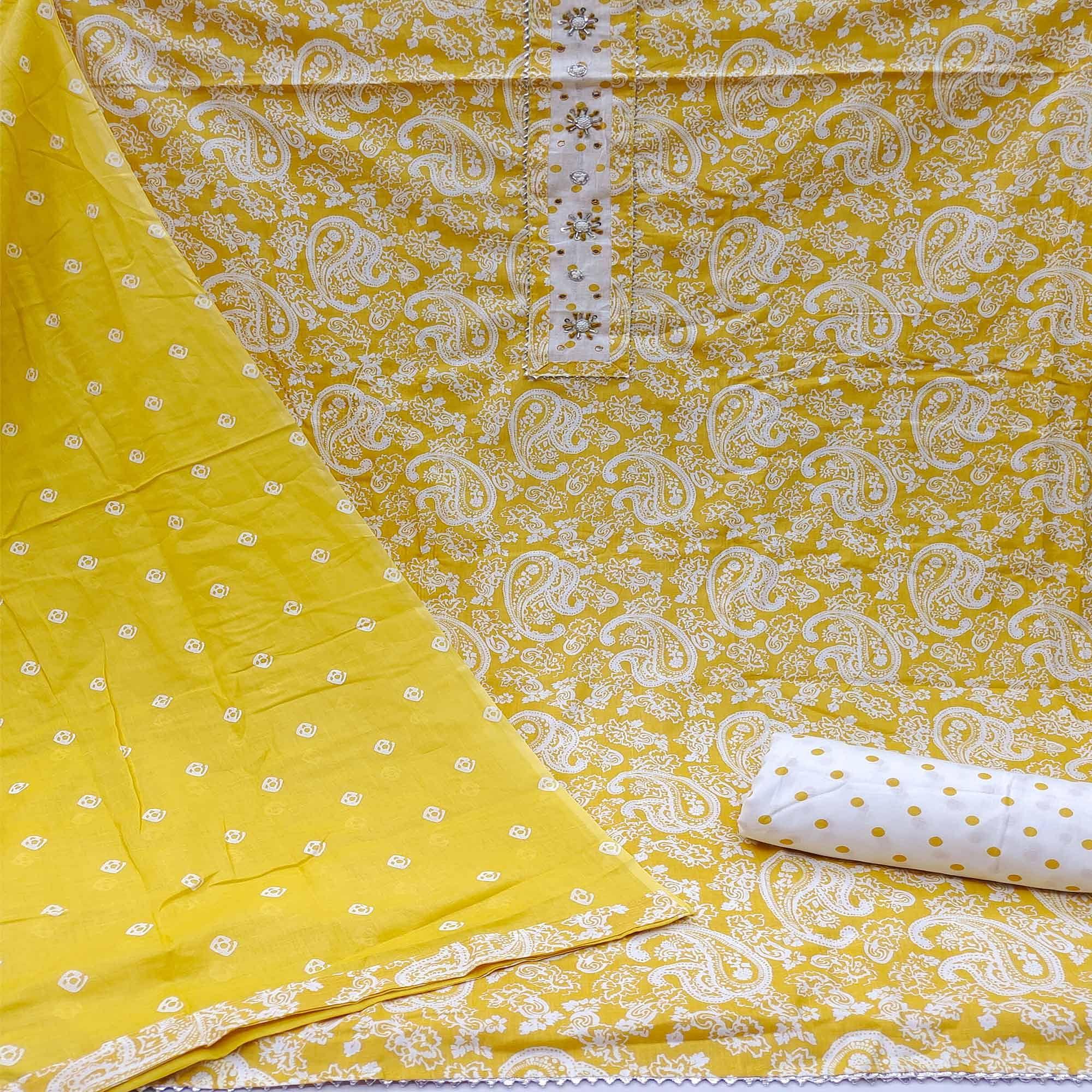 Yellow Casual Wear Printed With Embellished Cotton Dress Material - Peachmode