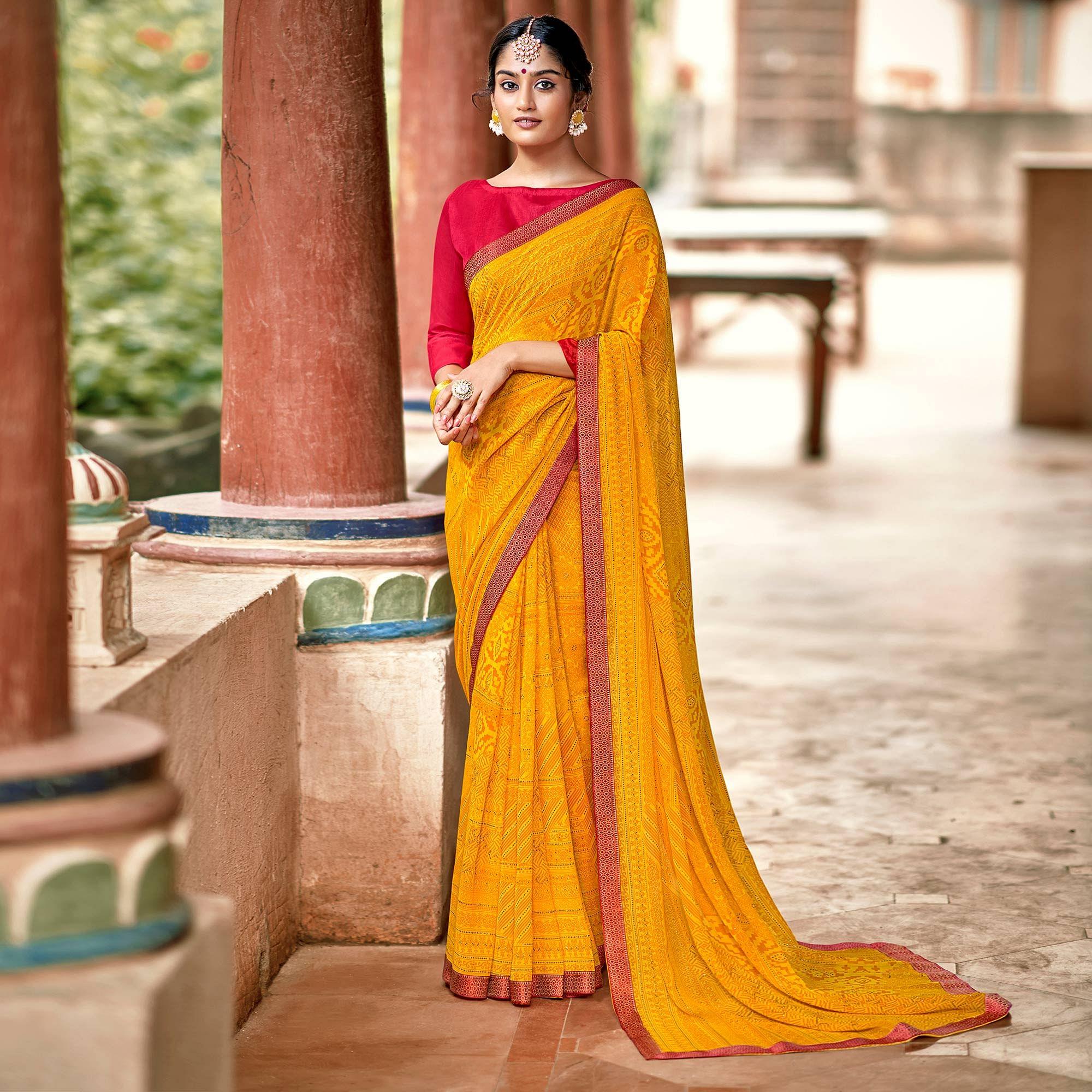 Yellow Casual Wear Printed With Fancy Lace Georgette Saree - Peachmode