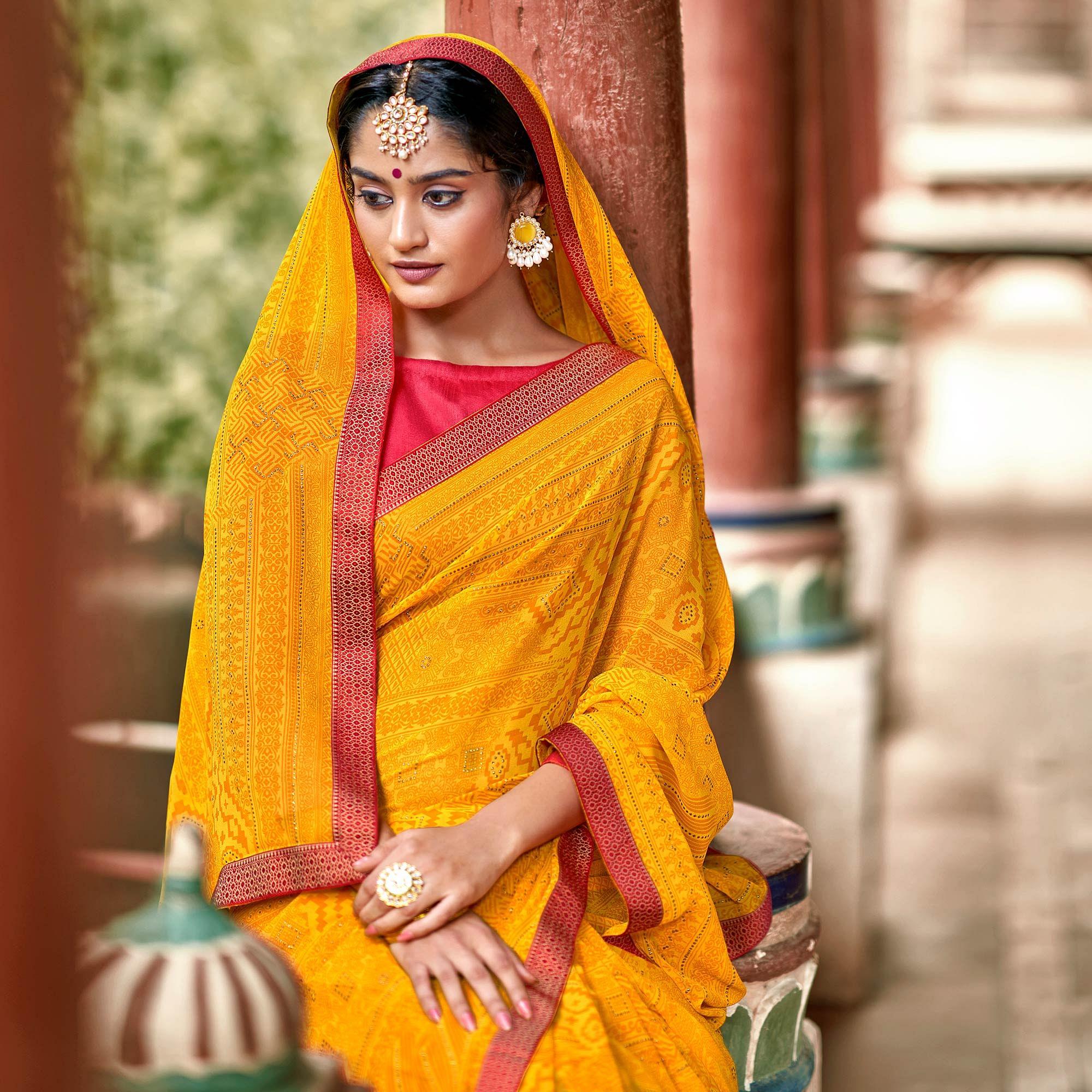 Yellow Casual Wear Printed With Fancy Lace Georgette Saree - Peachmode