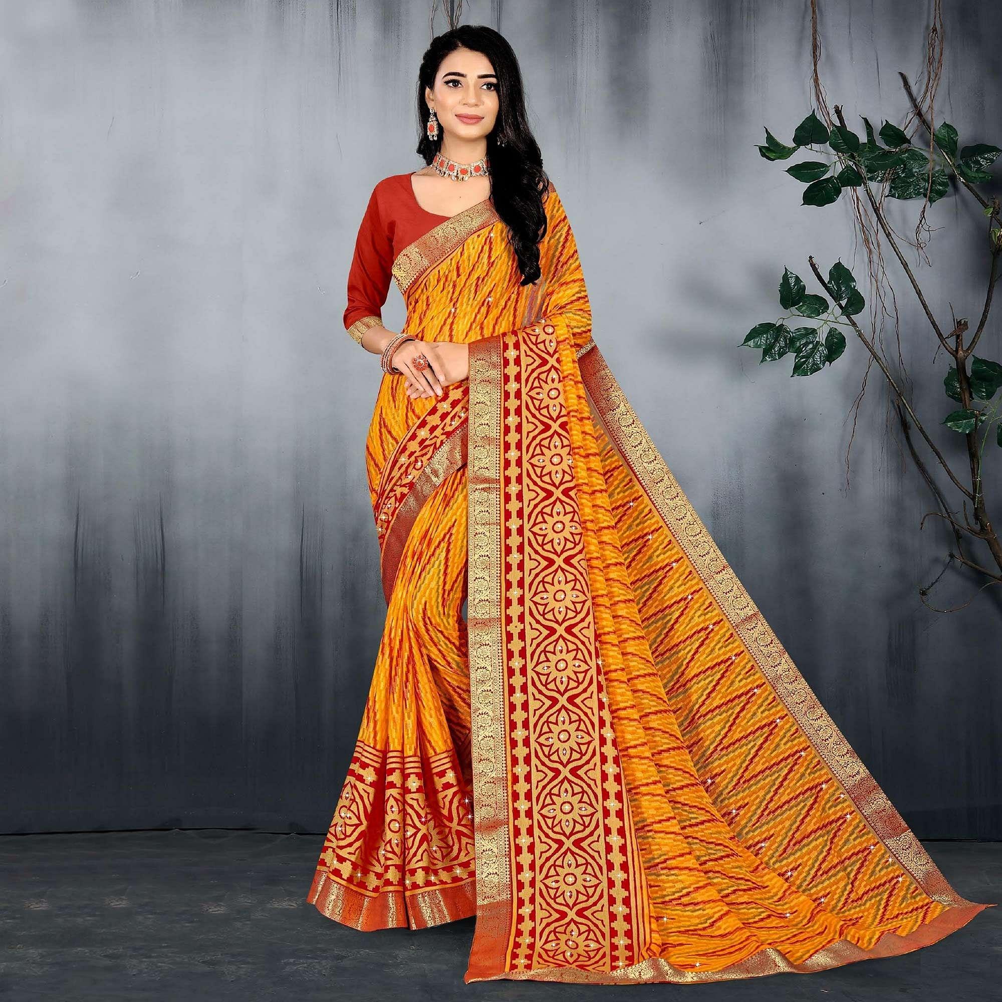 Yellow Casual Wear Printed With Stone Work Brasso Designer Saree - Peachmode