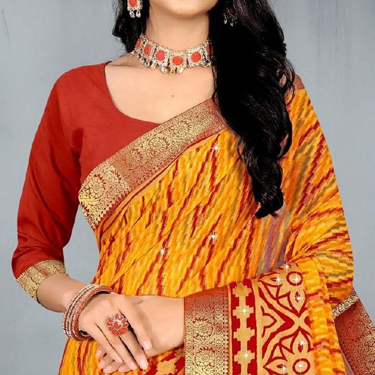 Yellow Casual Wear Printed With Stone Work Brasso Designer Saree - Peachmode