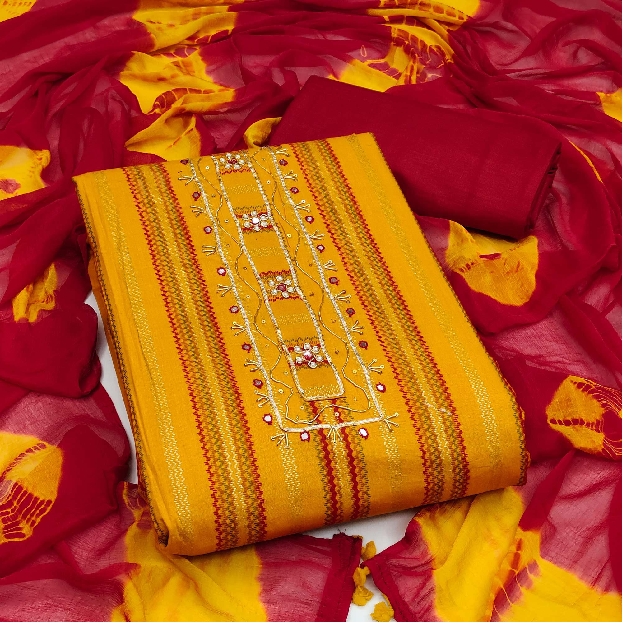 Yellow Casual Wear Sequence  Cotton Dress Material - Peachmode
