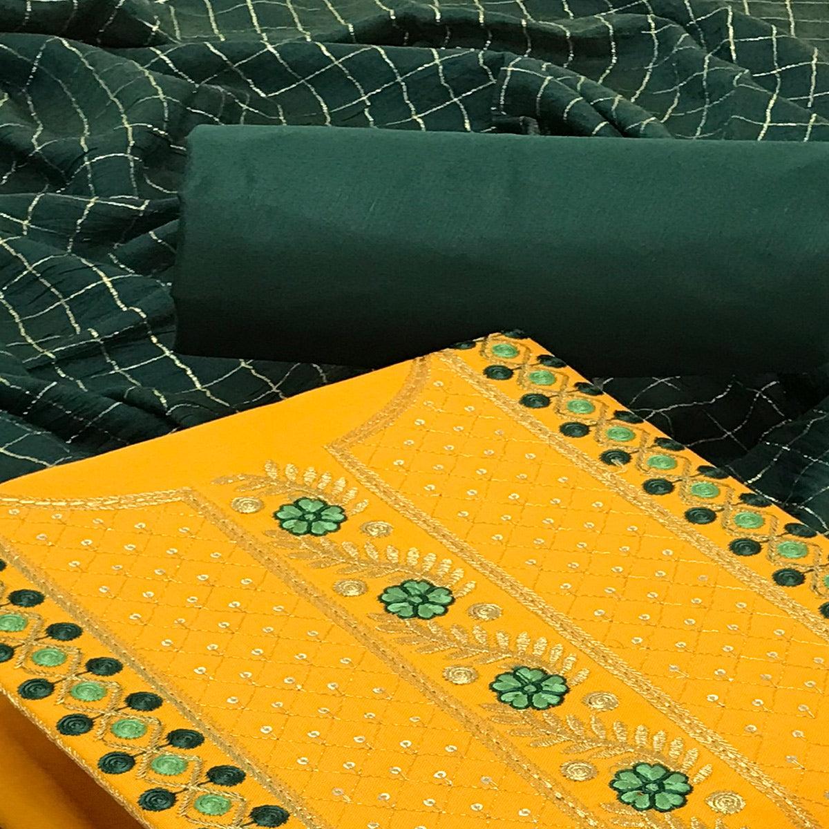 Yellow Casual Wear Sequence Embroidered Cotton Dress Material - Peachmode