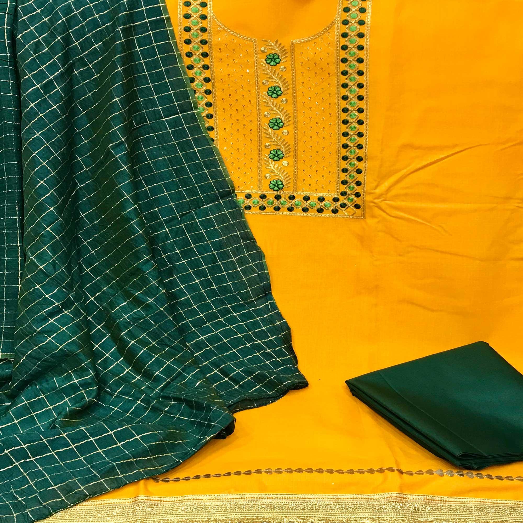 Yellow Casual Wear Sequence Embroidered Cotton Dress Material - Peachmode