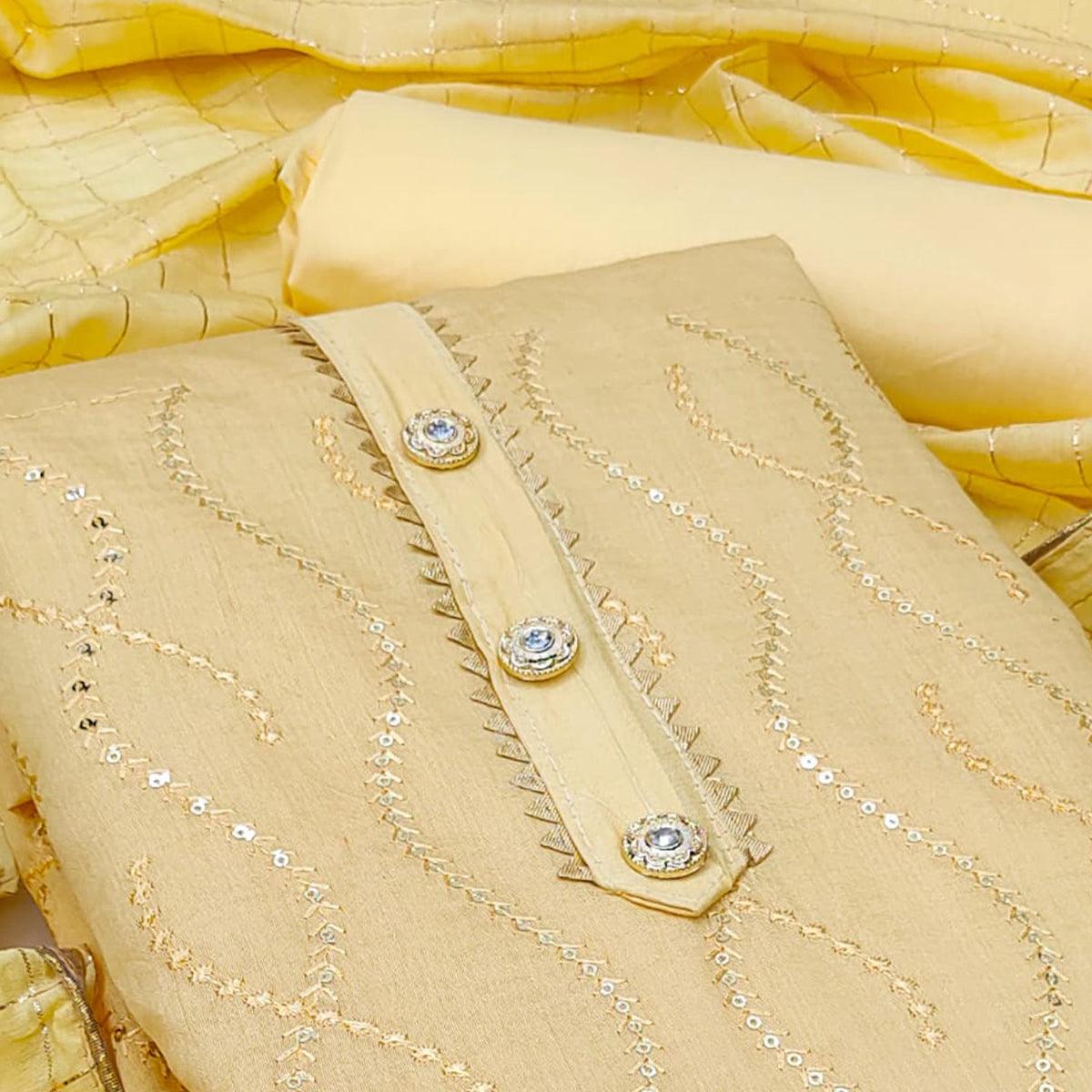 Yellow Casual Wear Sequence Embroidered Dola Silk Dress Material - Peachmode