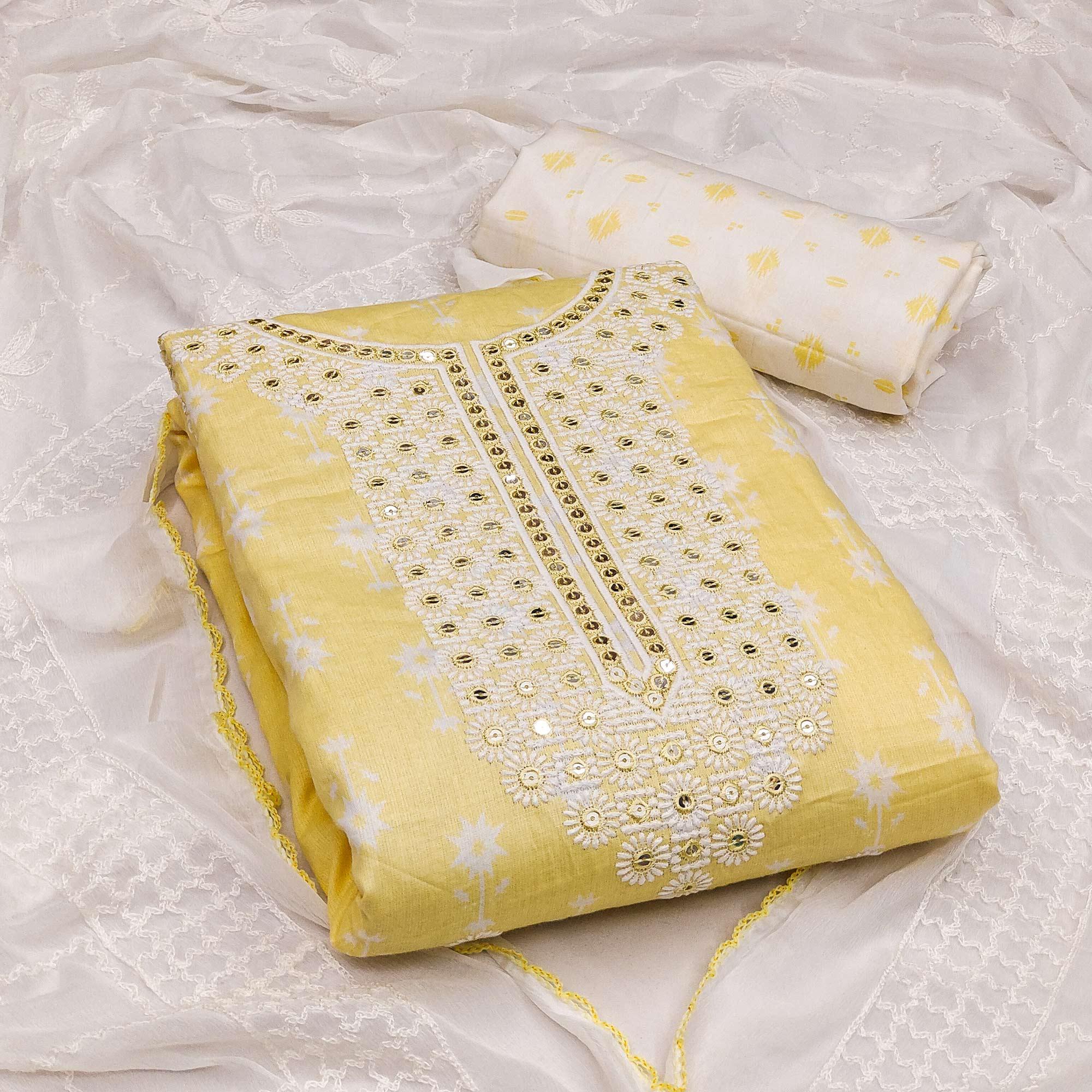 Yellow Casual Wear Sequence Embroidery with Printed Cotton Dress Material - Peachmode
