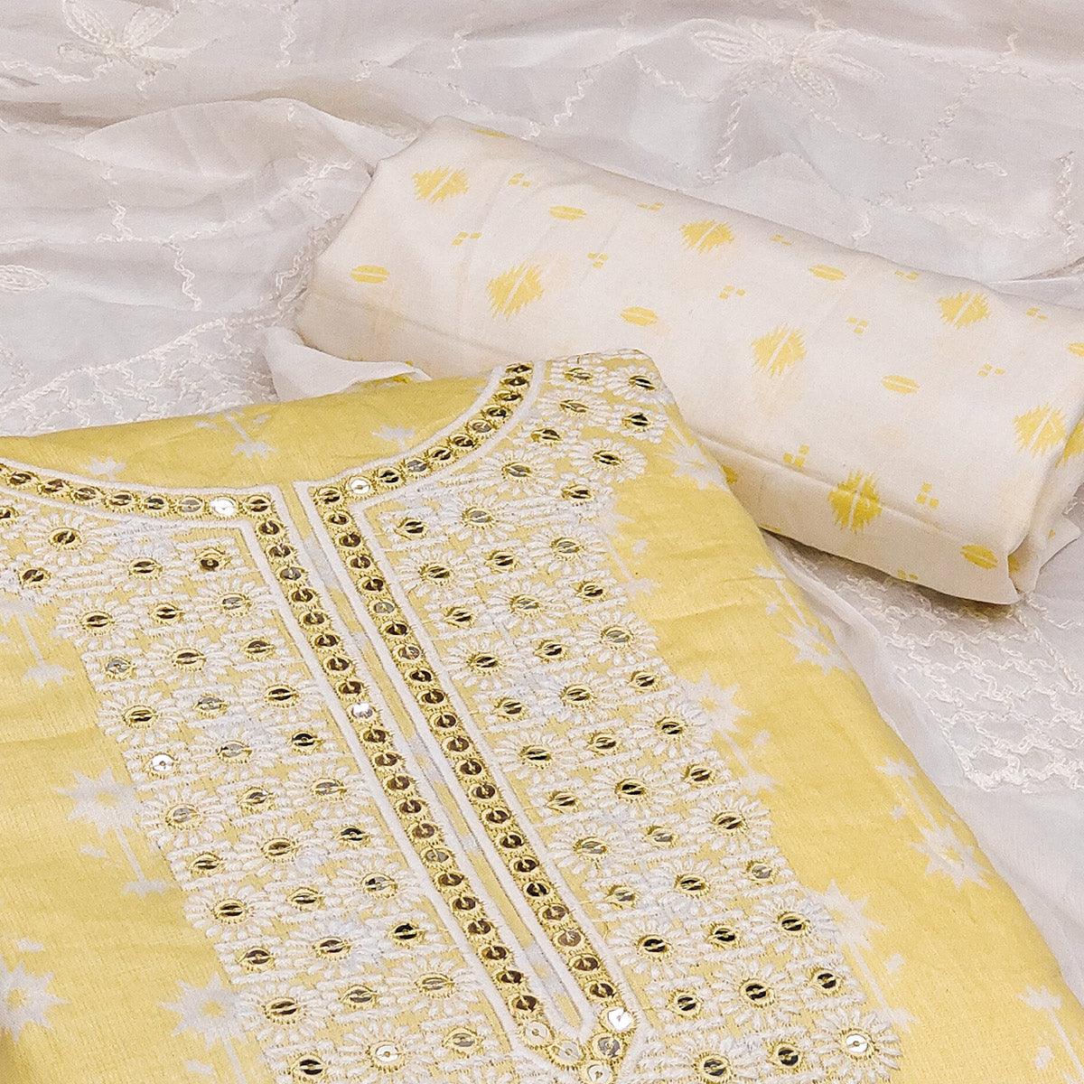 Yellow Casual Wear Sequence Embroidery with Printed Cotton Dress Material - Peachmode