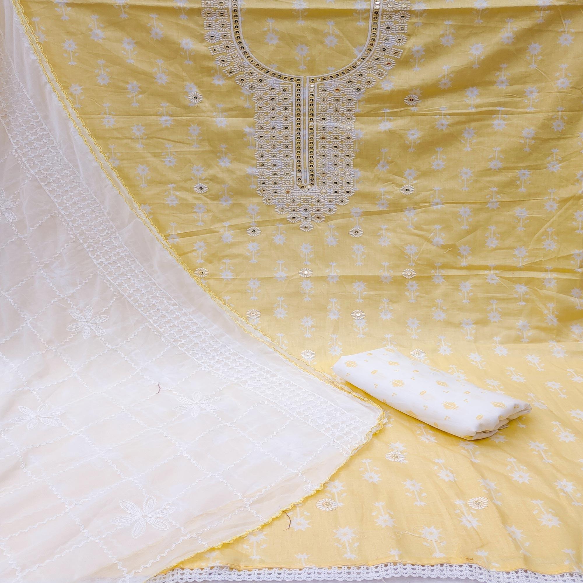 Yellow Casual Wear Sequence Embroidery with Printed Cotton Dress Material - Peachmode