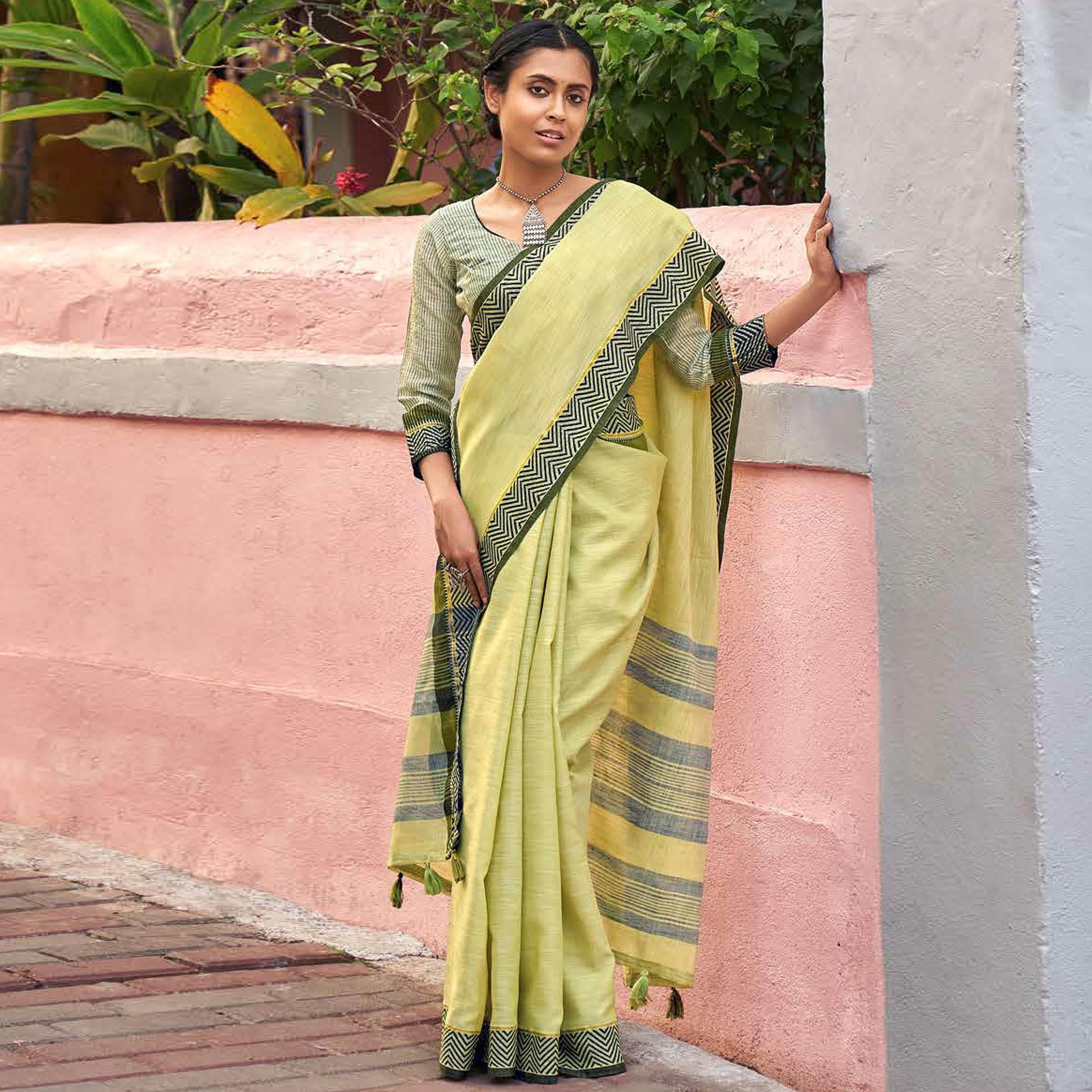 Yellow Casual Wear Solid Linen Saree - Peachmode