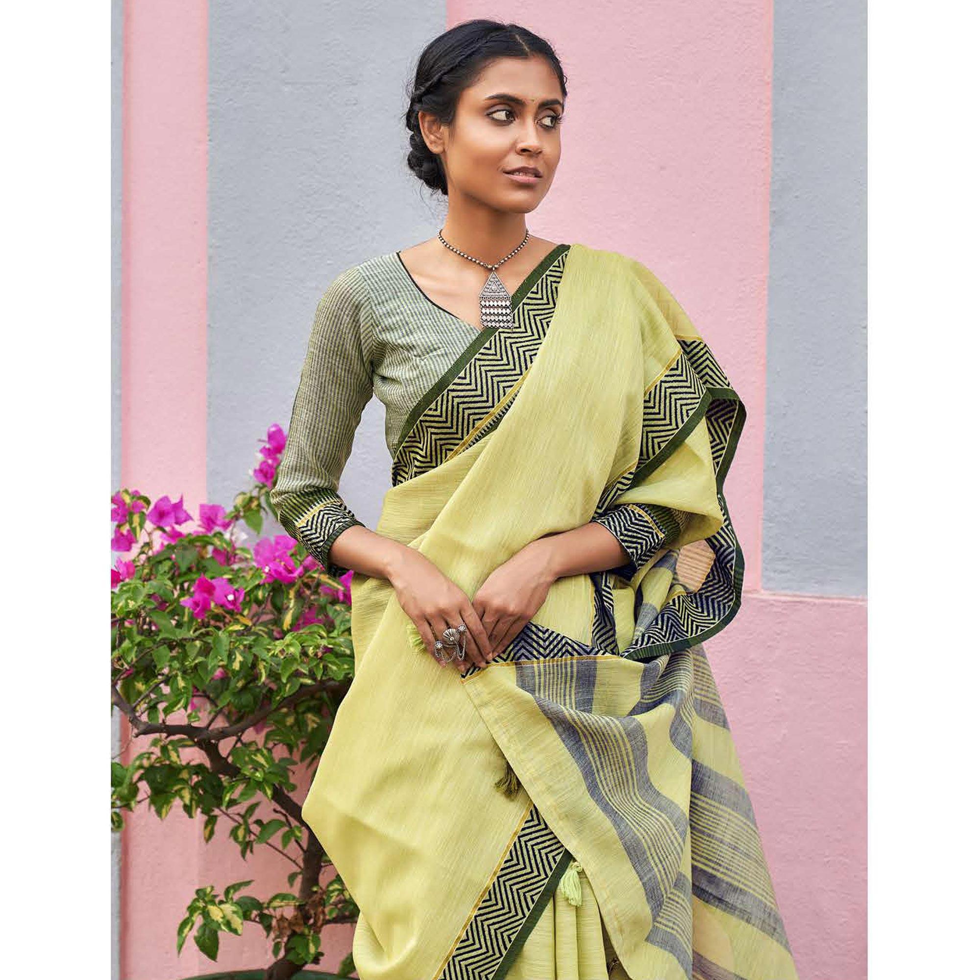 Yellow Casual Wear Solid Linen Saree - Peachmode
