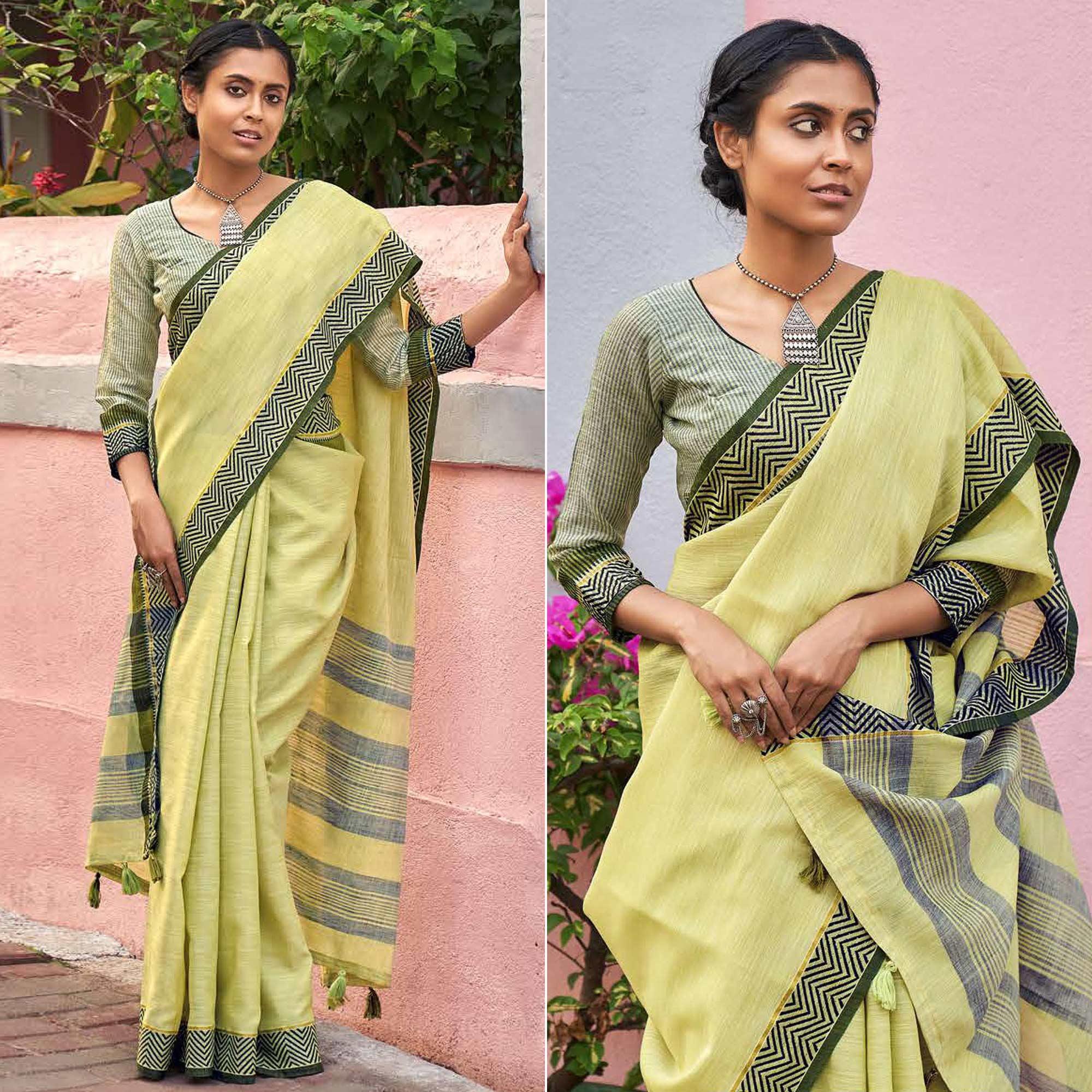 Yellow Casual Wear Solid Linen Saree - Peachmode