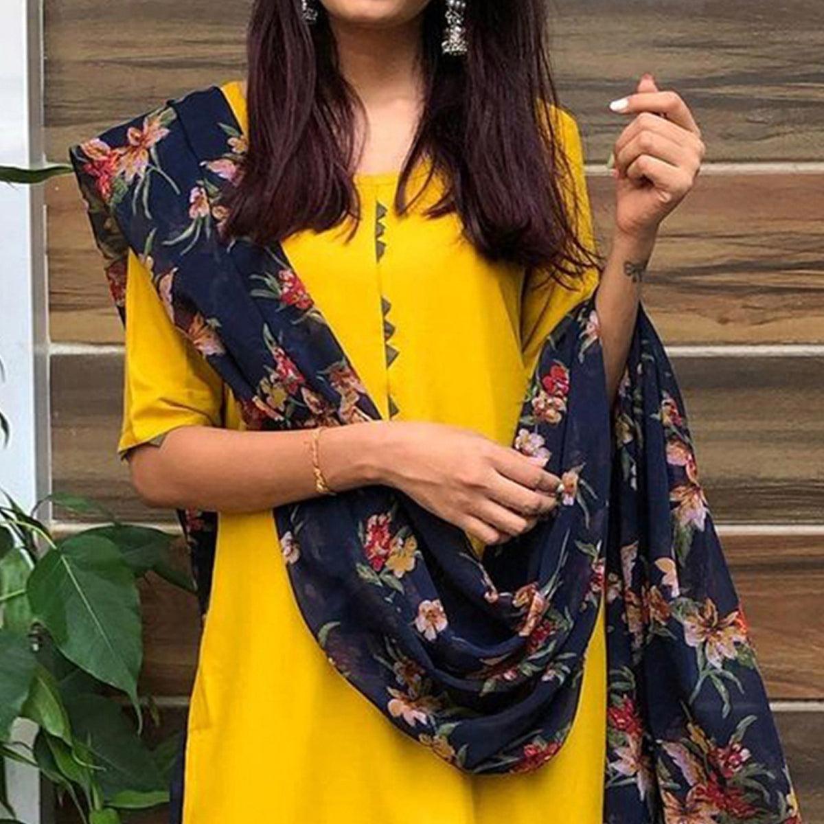 Yellow Casual Wear Solid Rayon Suit - Peachmode