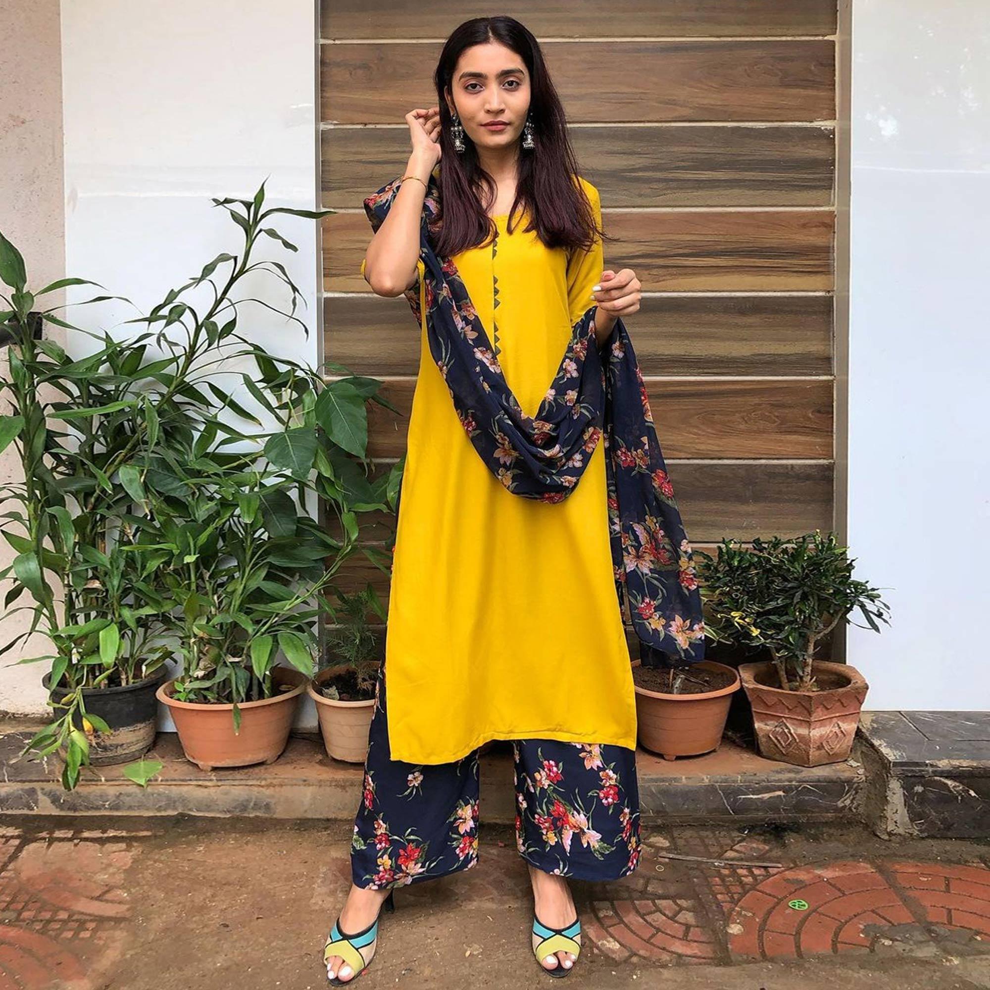 Yellow Casual Wear Solid Rayon Suit - Peachmode