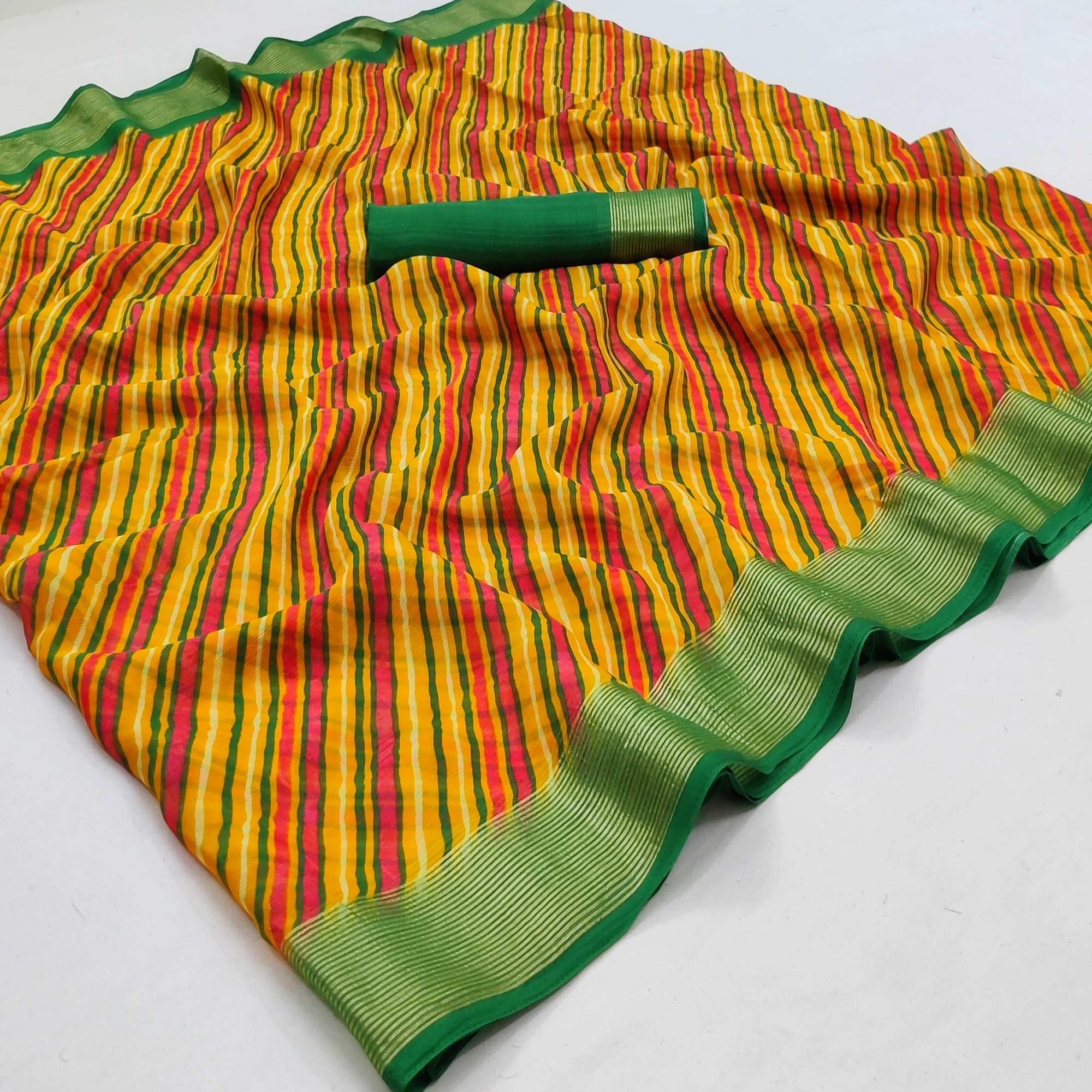 Yellow Casual Wear Stripe Printed Chiffon Saree - Peachmode