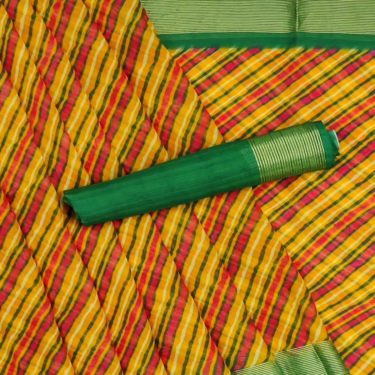 Yellow Casual Wear Stripe Printed Chiffon Saree - Peachmode