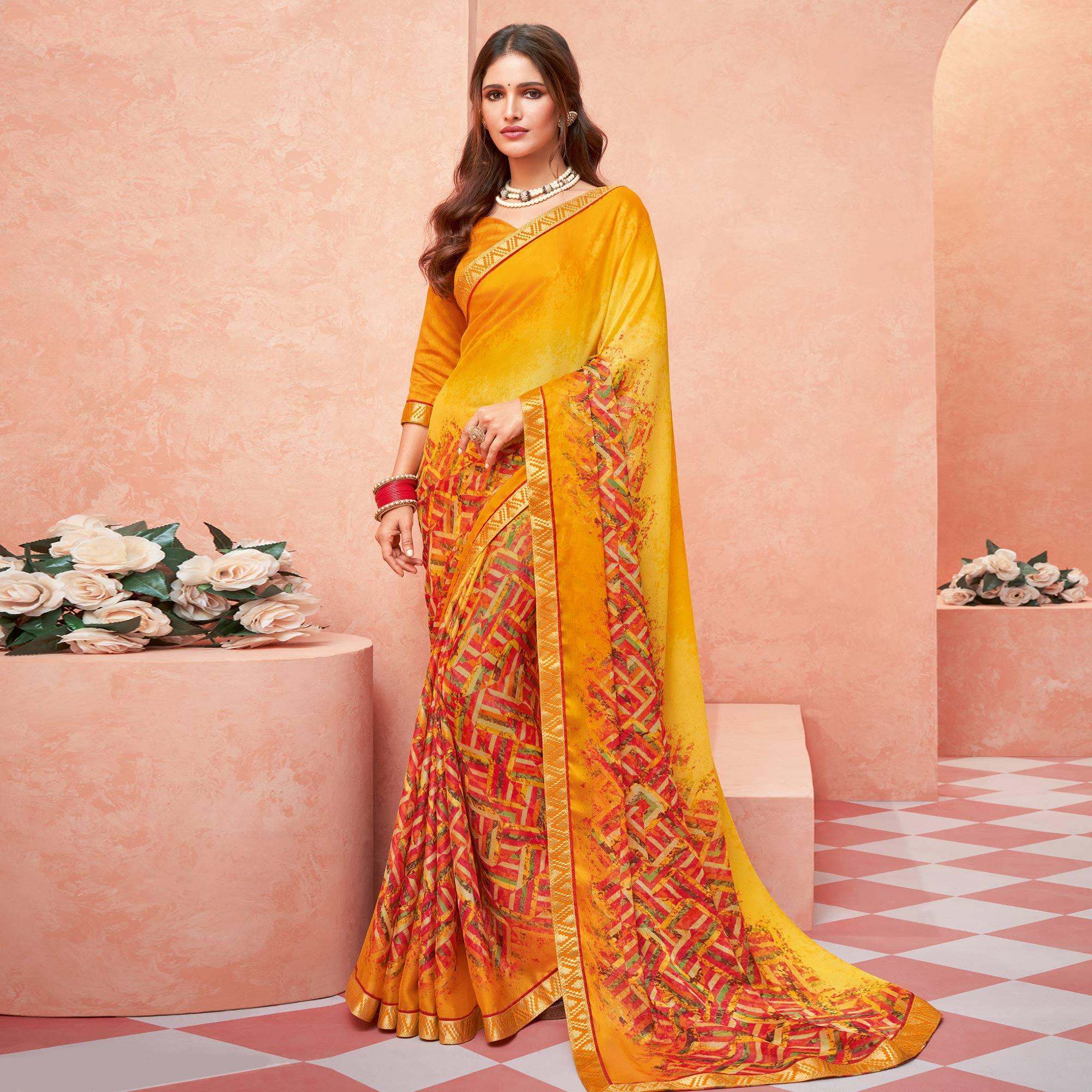 Yellow Casual Wear Striped Printed Chiffon-Banarsi Saree With Banarasi Border - Peachmode
