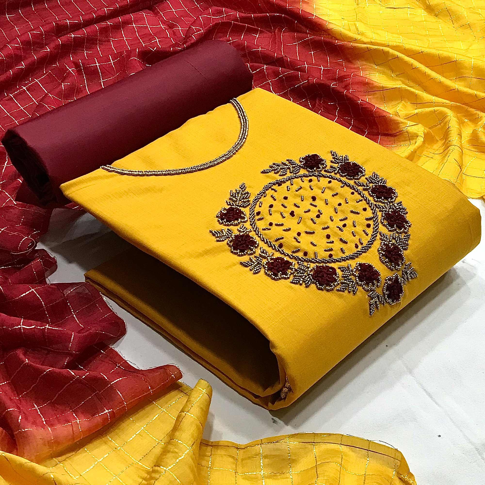 Yellow Casual Wear Thread Beads Khatli Work Cotton Dress Material - Peachmode