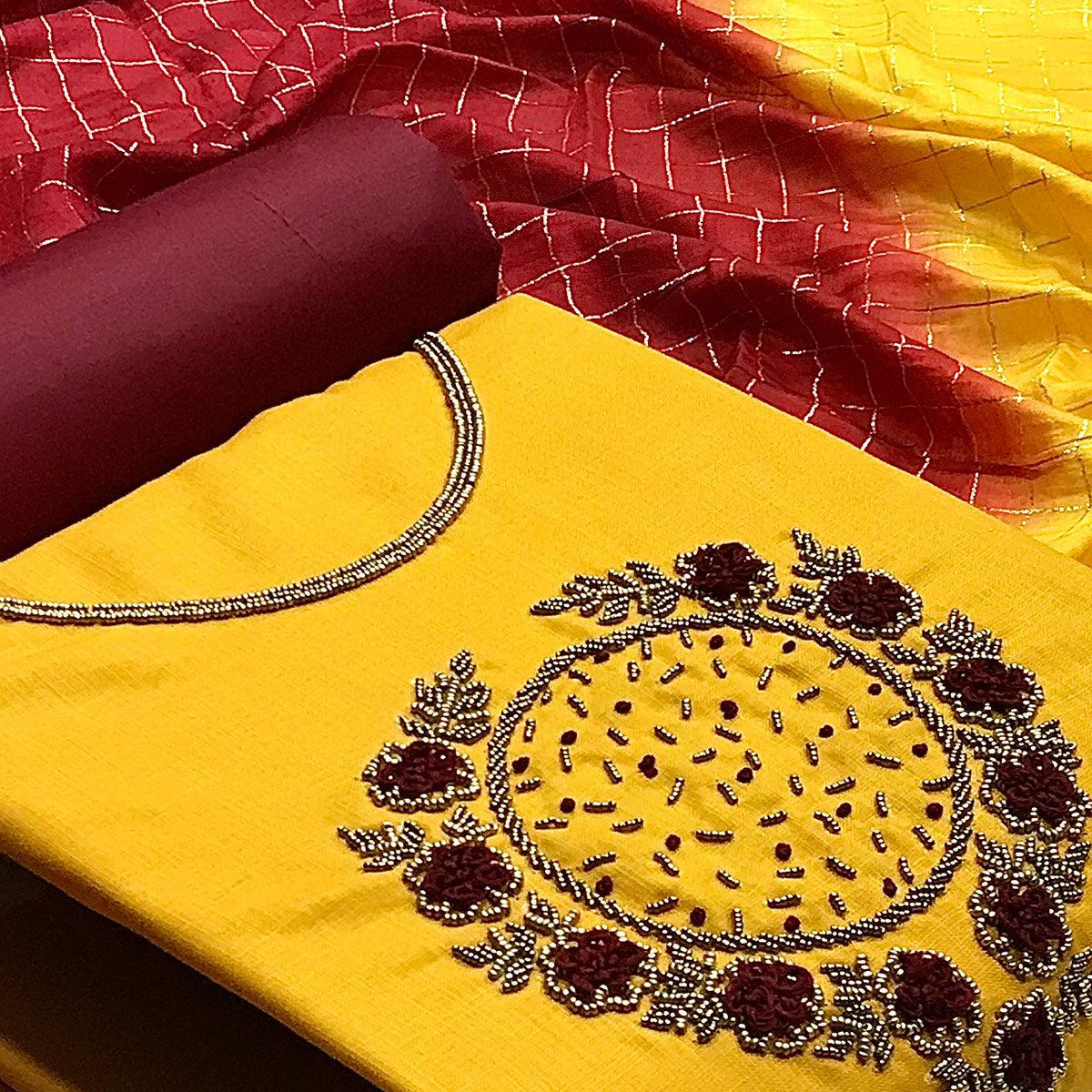 Yellow Casual Wear Thread Beads Khatli Work Cotton Dress Material - Peachmode