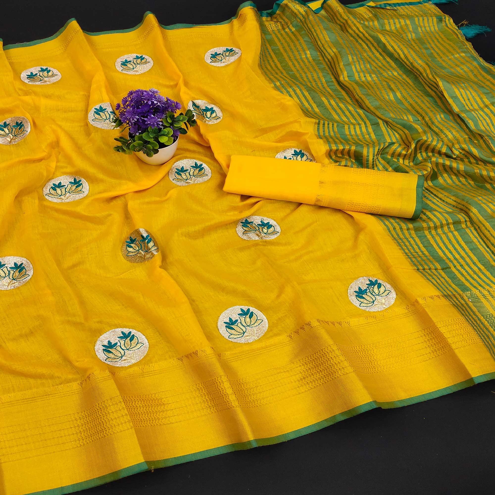 Yellow Casual Wear Woven Chanderi Silk Saree - Peachmode