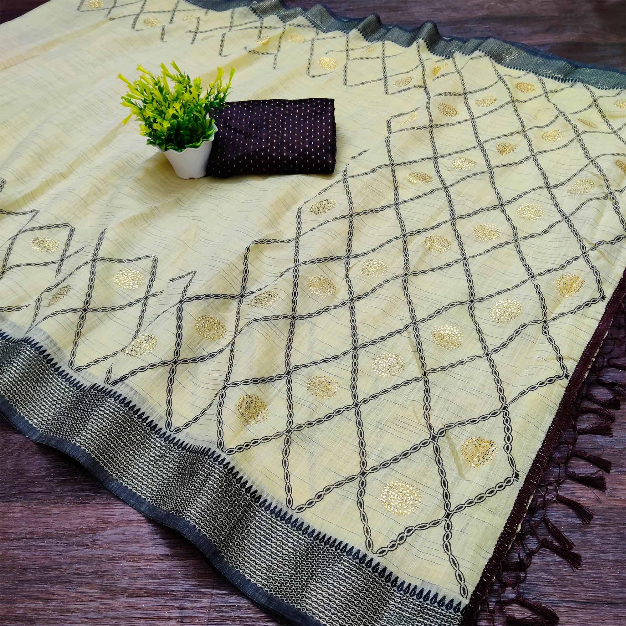 Yellow Casual Wear Woven Cotton Saree With Mukaish Work - Peachmode
