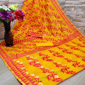 Yellow Casual Wear Woven Jacquard Silk Saree - Peachmode